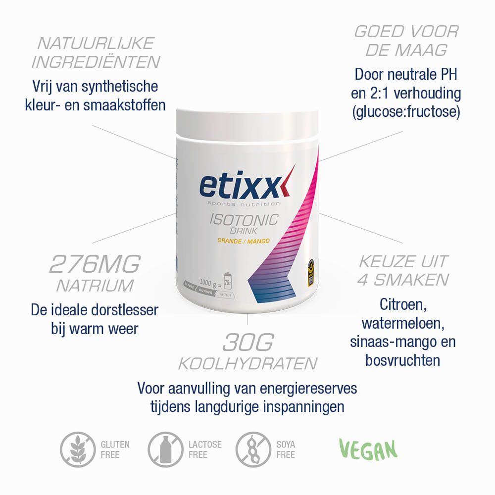 Etixx Isotonic Drink Orange/Mango. Diagram met ingrediënten en voedingswaarden.