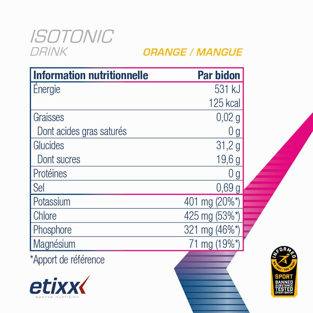 Etixx Isotonic Drink Orange/Mangue. Informations nutritionnelles par portion.