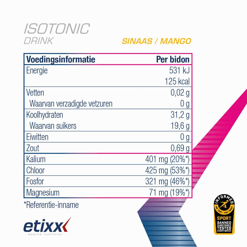 Etixx Isotonic Drink Orange/Mango. Voedingswaarde per portie.