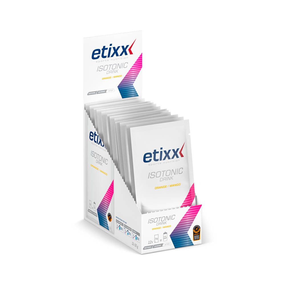 Etixx Isotonic Drink zakjes in displaydoos. Sinaasappel/Mango. Doos met meerdere zakjes. Logo en productnaam zichtbaar.