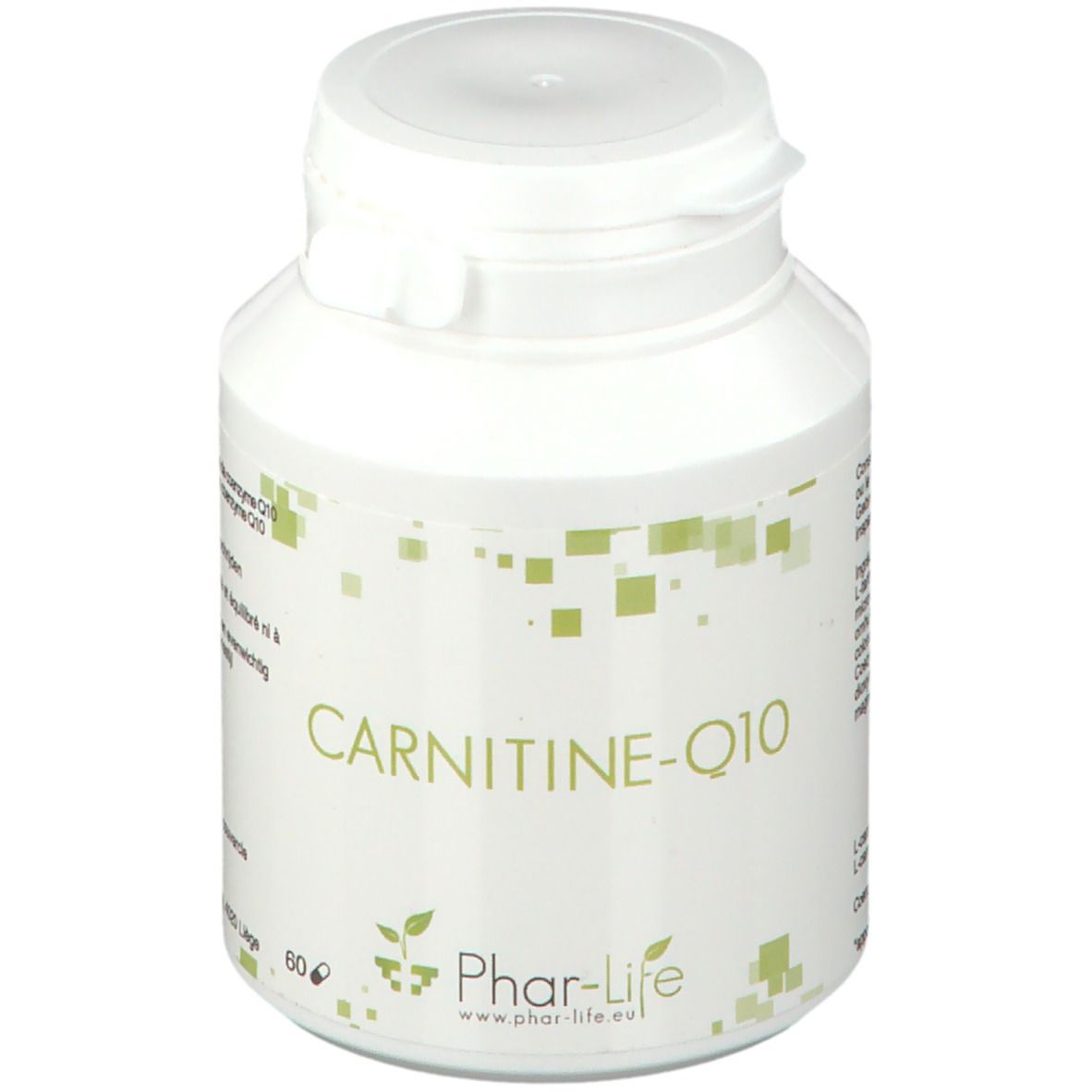 Weiße Flasche mit CARNITINE-Q10-Aufschrift. Phar-Life-Logo unten. 60 Kapseln.
