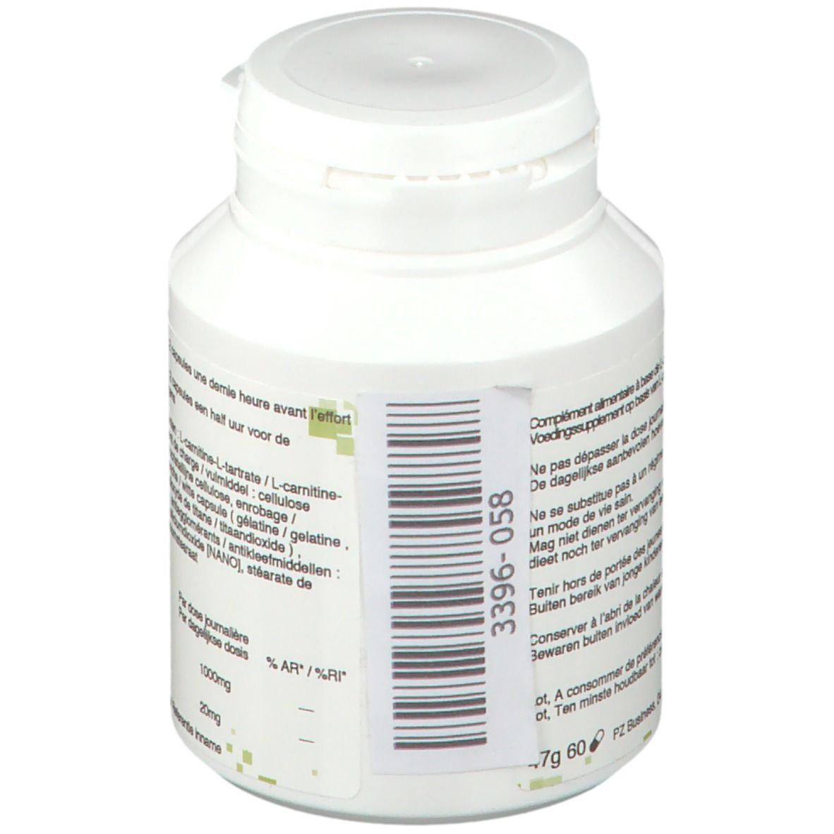 Weiße Flasche mit Barcode und Text. Enthält Informationen zu Inhaltsstoffen und Dosierung.