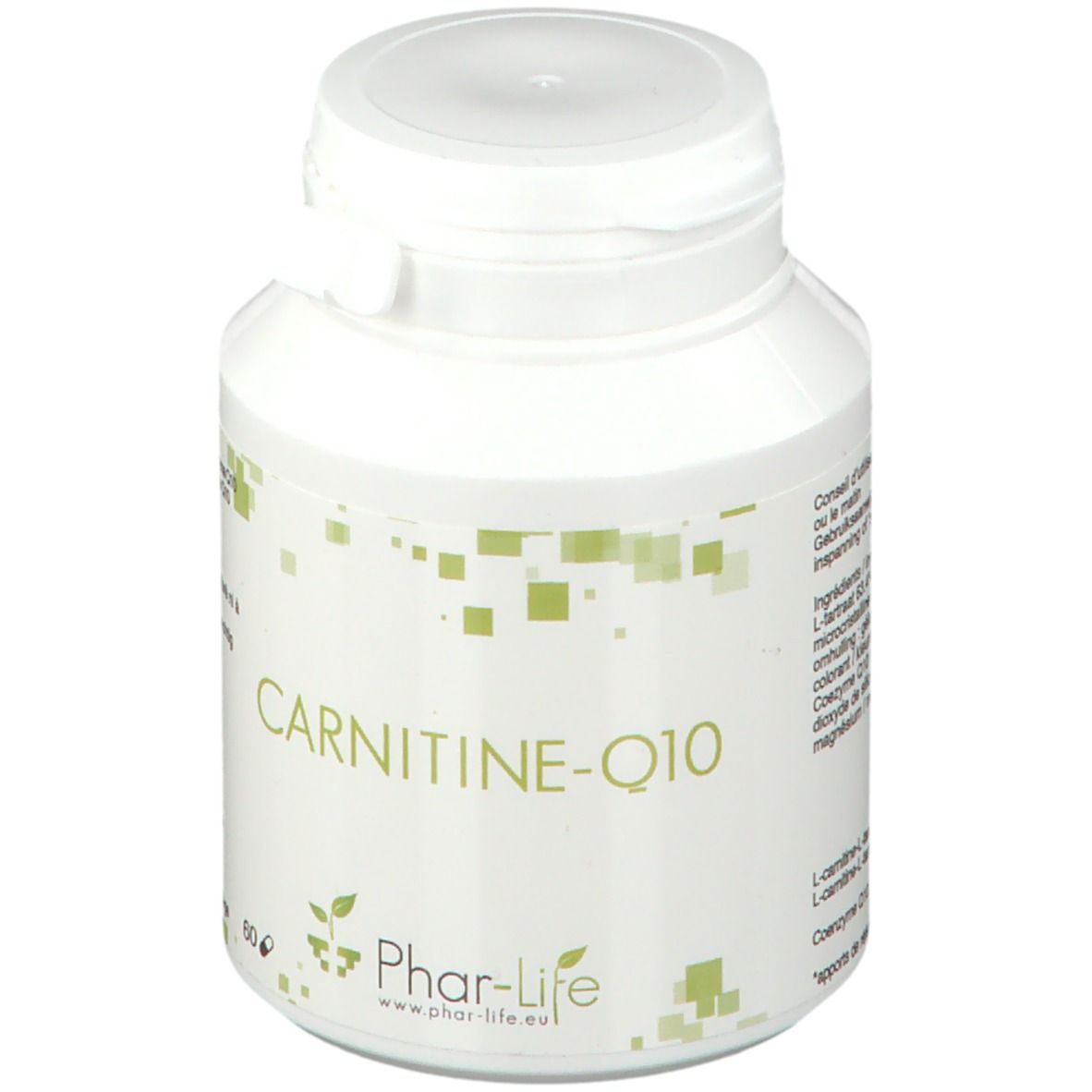 Weiße Flasche mit CARNITINE-Q10-Aufschrift und Phar-Life-Logo. 60 Kapseln.