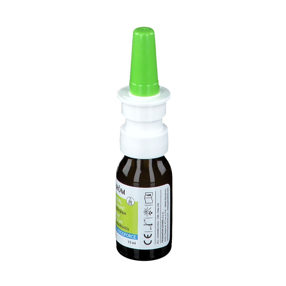 Braune Glasflasche mit grünem Sprühkopf. Aufschrift: Pranarôm Spray Nasal. 15 ml. CE-Kennzeichnung.