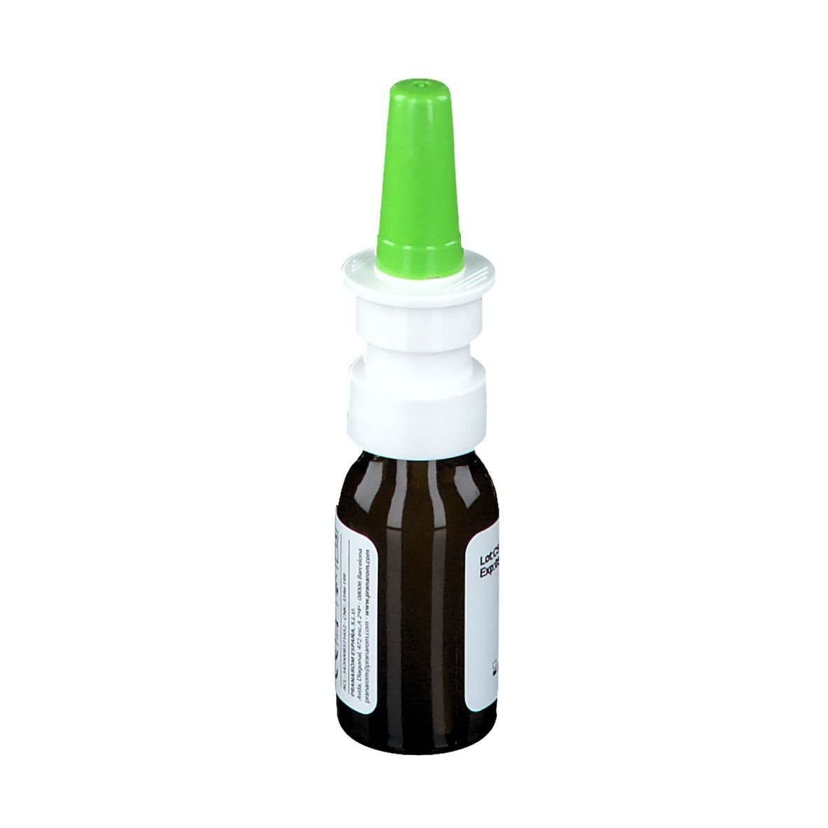 Braune Glasflasche mit grünem Sprühkopf. Aufschrift: Pranarôm. Etikett mit Produktinformationen.