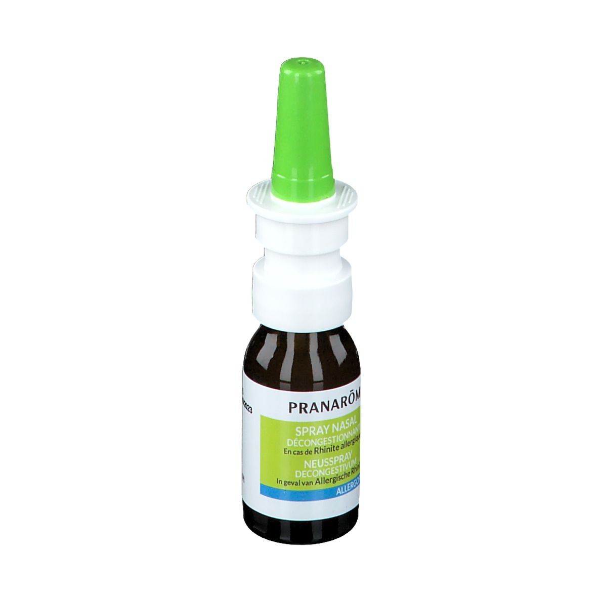 Braune Glasflasche mit grünem Sprühkopf. Aufschrift: Pranarôm Spray Nasal. Für allergische Rhinitis.