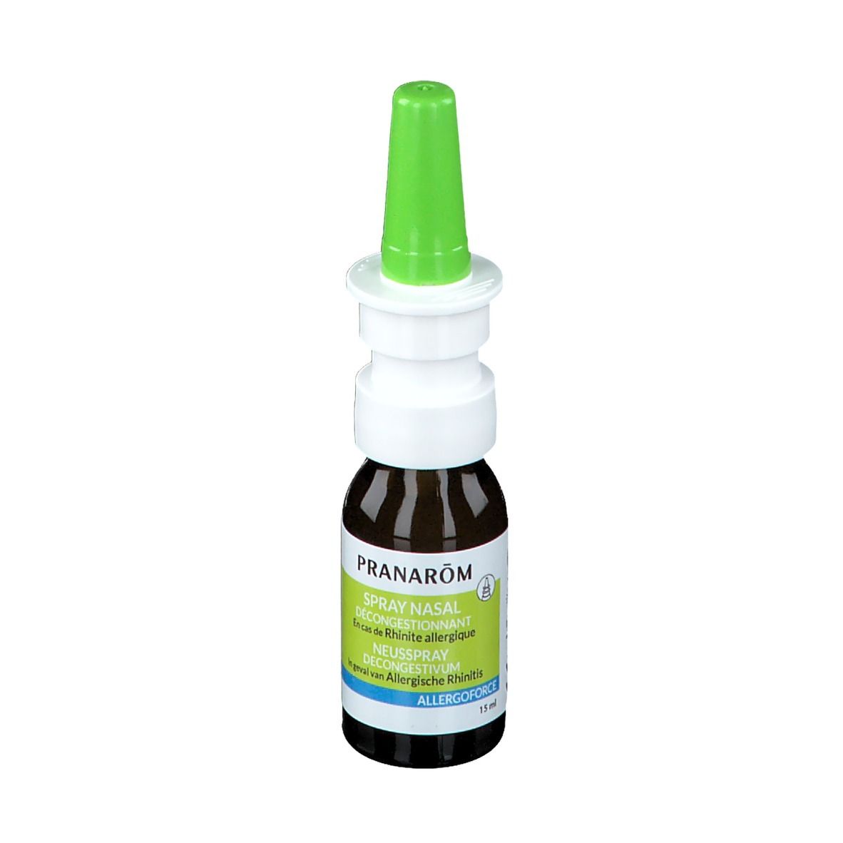 Braune Glasflasche mit grünem Sprühkopf. Aufschrift: Pranarôm Spray Nasal. 15 ml. Allergoforce.