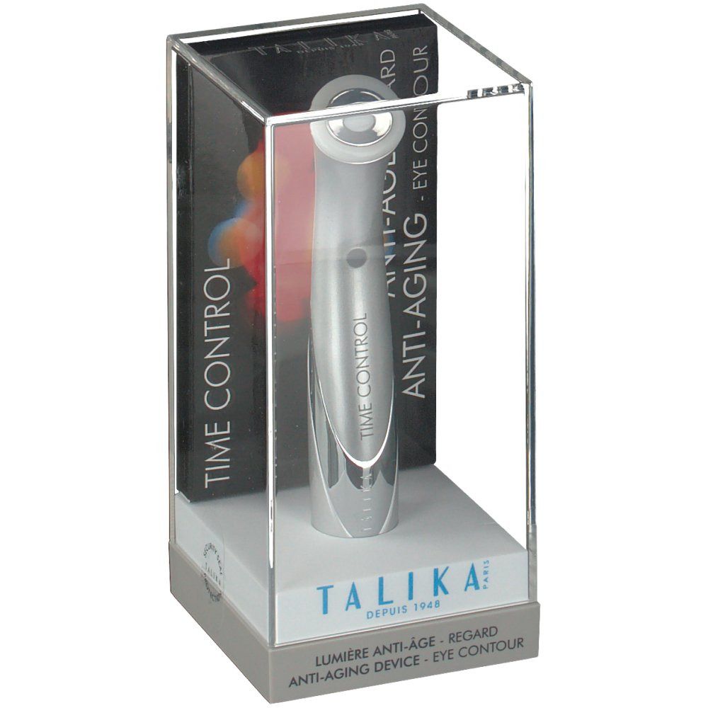 Silberfarbenes Gerät in transparentem Gehäuse. Aufschrift: TIME CONTROL, ANTI-AGING, TALIKA. Mit Verpackung.