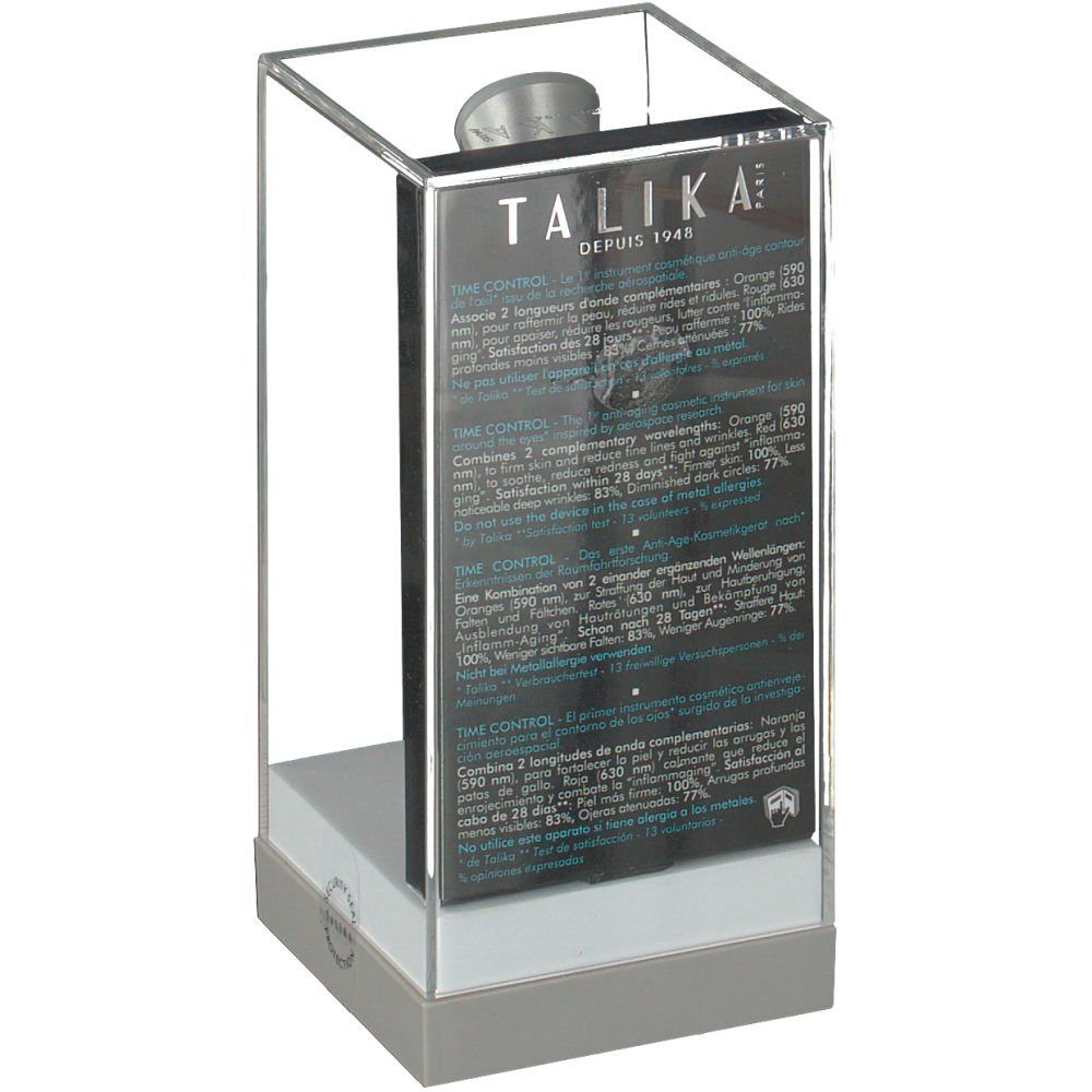 Verpackung mit Text in transparentem Gehäuse. Aufschrift: TALIKA. Detailansicht der Produktinformationen.