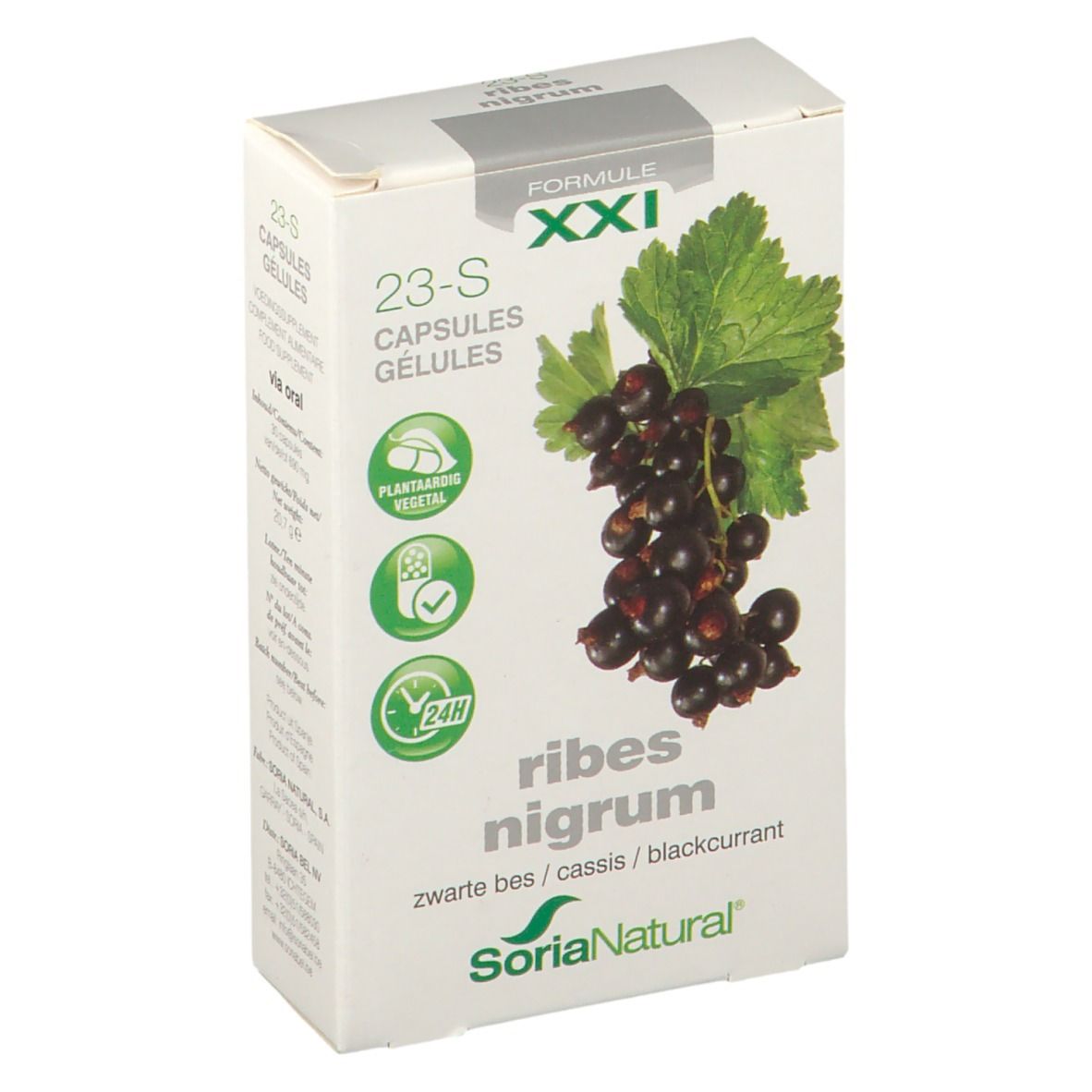 Kartonnen verpakking met productafbeelding en tekst 'Ribes nigrum'. Merk Soria Natural.