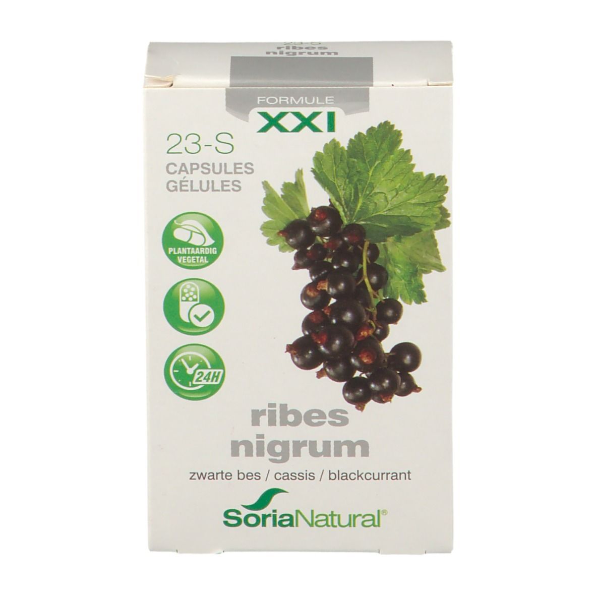 Kartonnen verpakking met productafbeelding en tekst 'Ribes nigrum'. Merk Soria Natural.