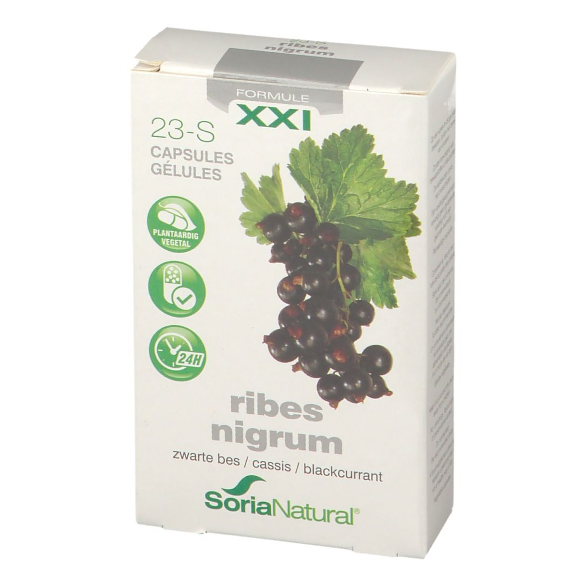 Kartonnen verpakking met productafbeelding en tekst 'Ribes nigrum'. Merk Soria Natural.
