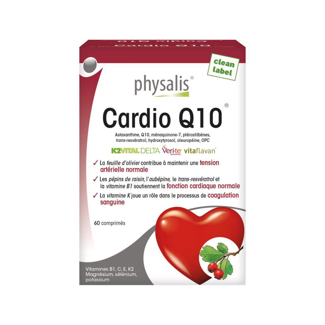 Face avant de la boîte Physalis Cardio Q10. Rouge et blanc. 60 comprimés. Illustration de cœur.