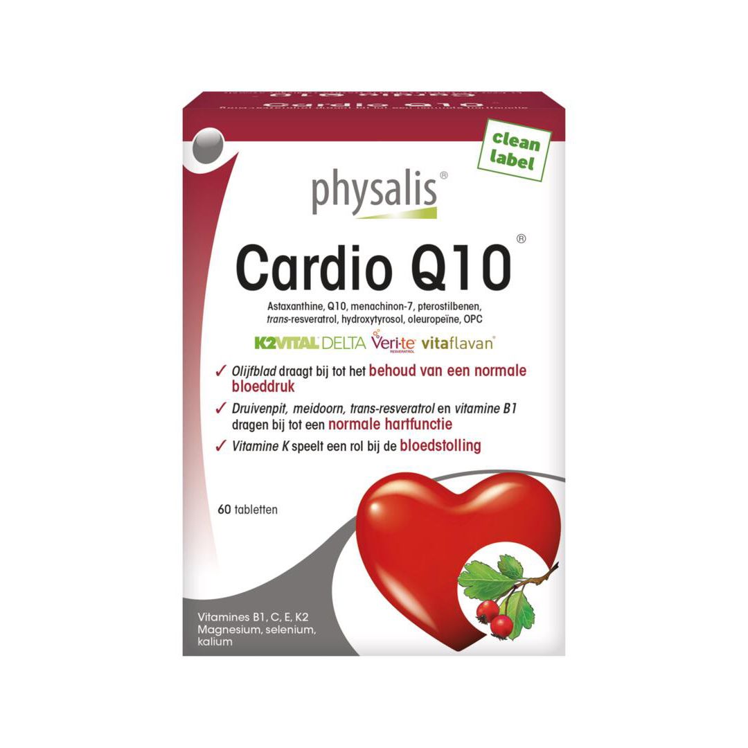 Voorkant van de Physalis Cardio Q10-verpakking. Rood en wit. 60 tabletten. Hart-illustratie.