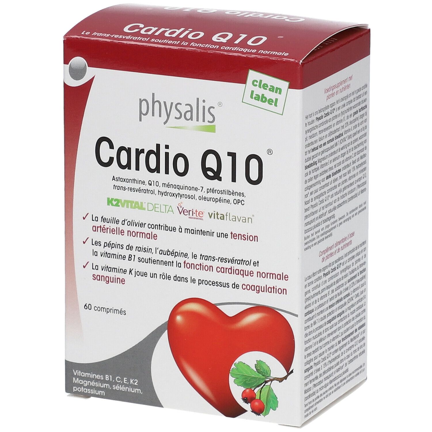 Boîte Physalis Cardio Q10. Rouge et blanc. 60 comprimés. Illustration de cœur.