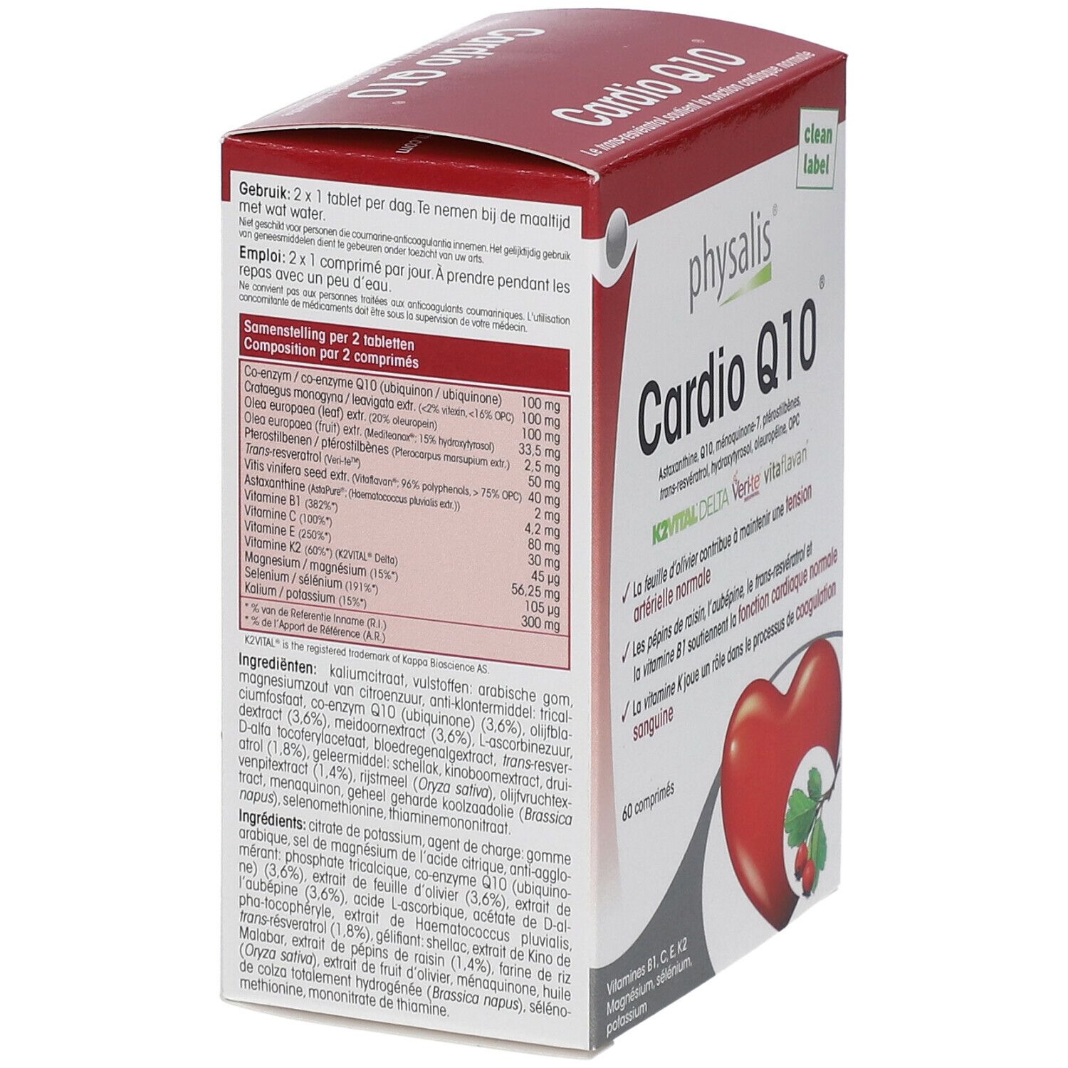 Dos de la boîte Physalis Cardio Q10. Contient des informations sur les ingrédients et le dosage.