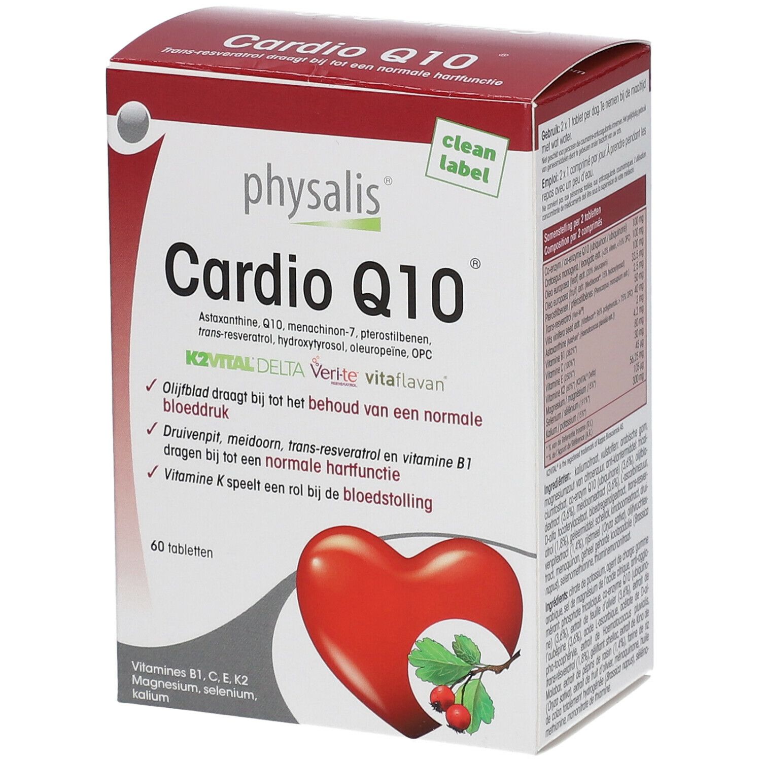 Boîte Physalis Cardio Q10. Rouge et blanc. 60 comprimés. Illustration de cœur.