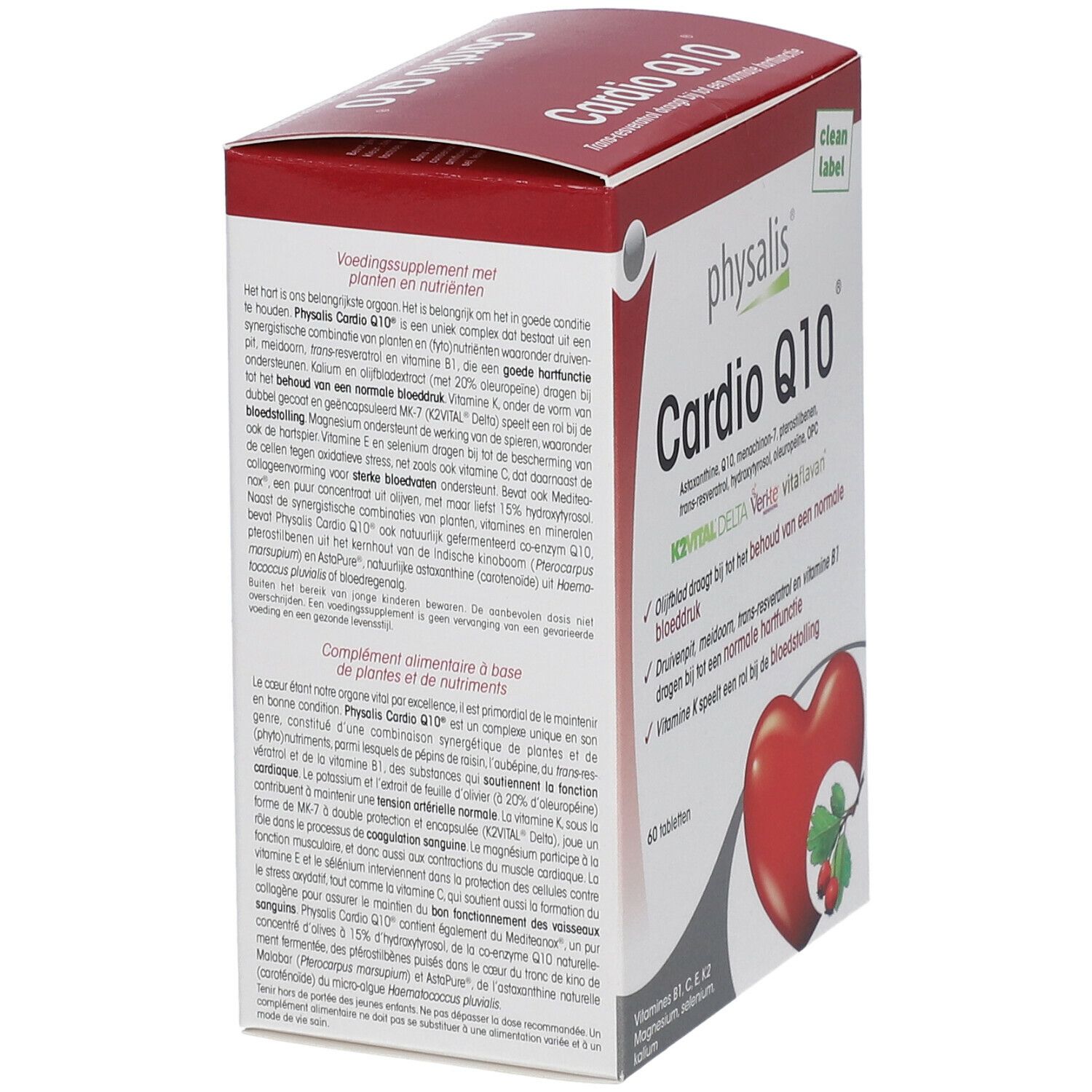 Dos de la boîte Physalis Cardio Q10. Texte sur les ingrédients et la valeur nutritionnelle.