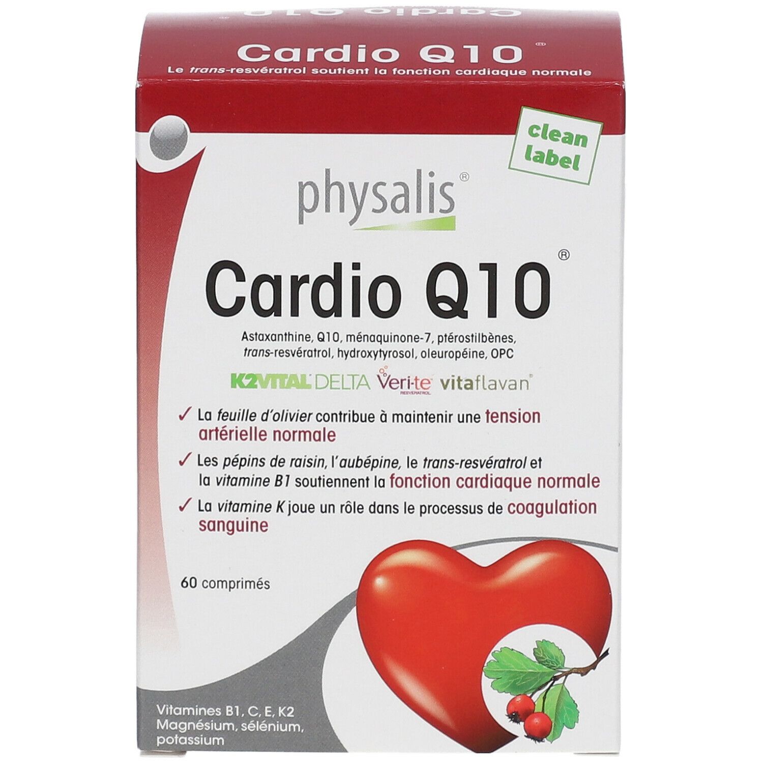 Boîte Physalis Cardio Q10. Rouge et blanc. 60 comprimés. Illustration de cœur.