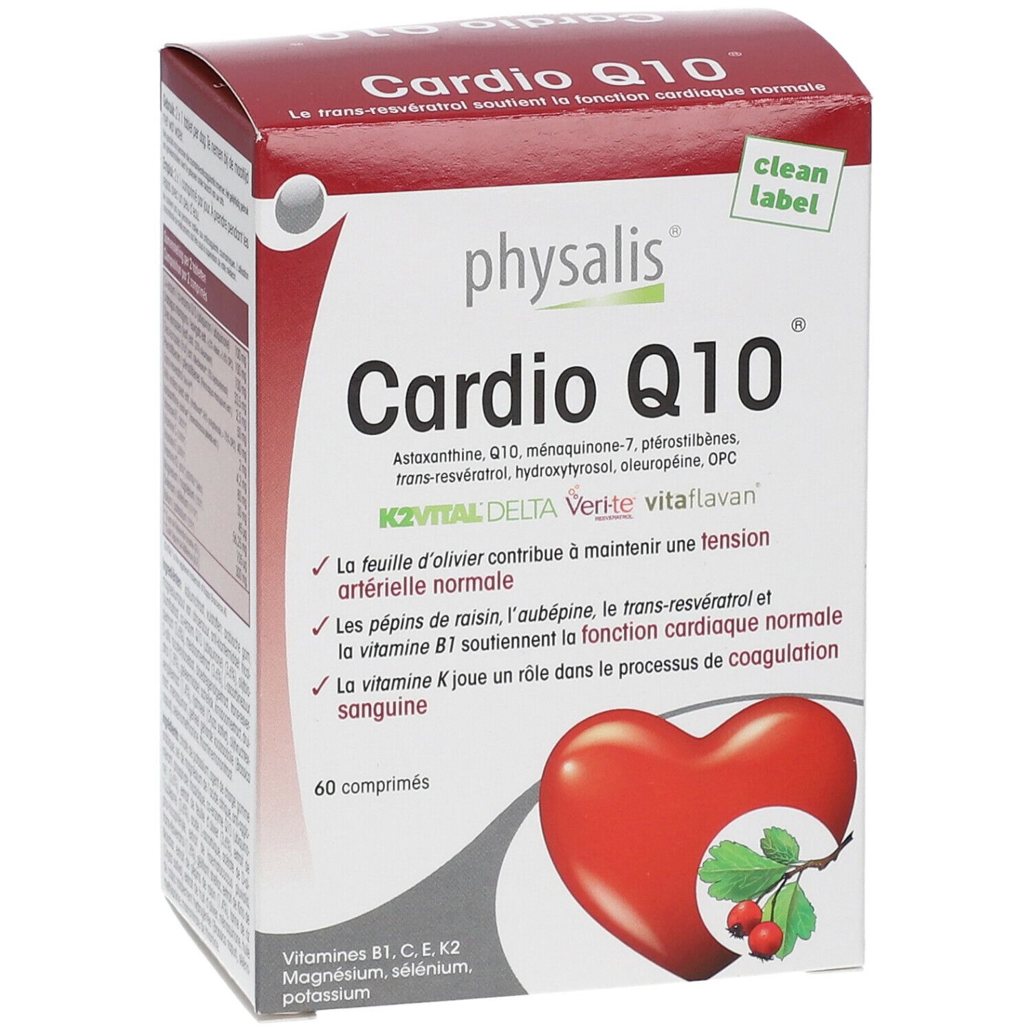 Boîte Physalis Cardio Q10. Rouge et blanc. 60 comprimés. Illustration de cœur.