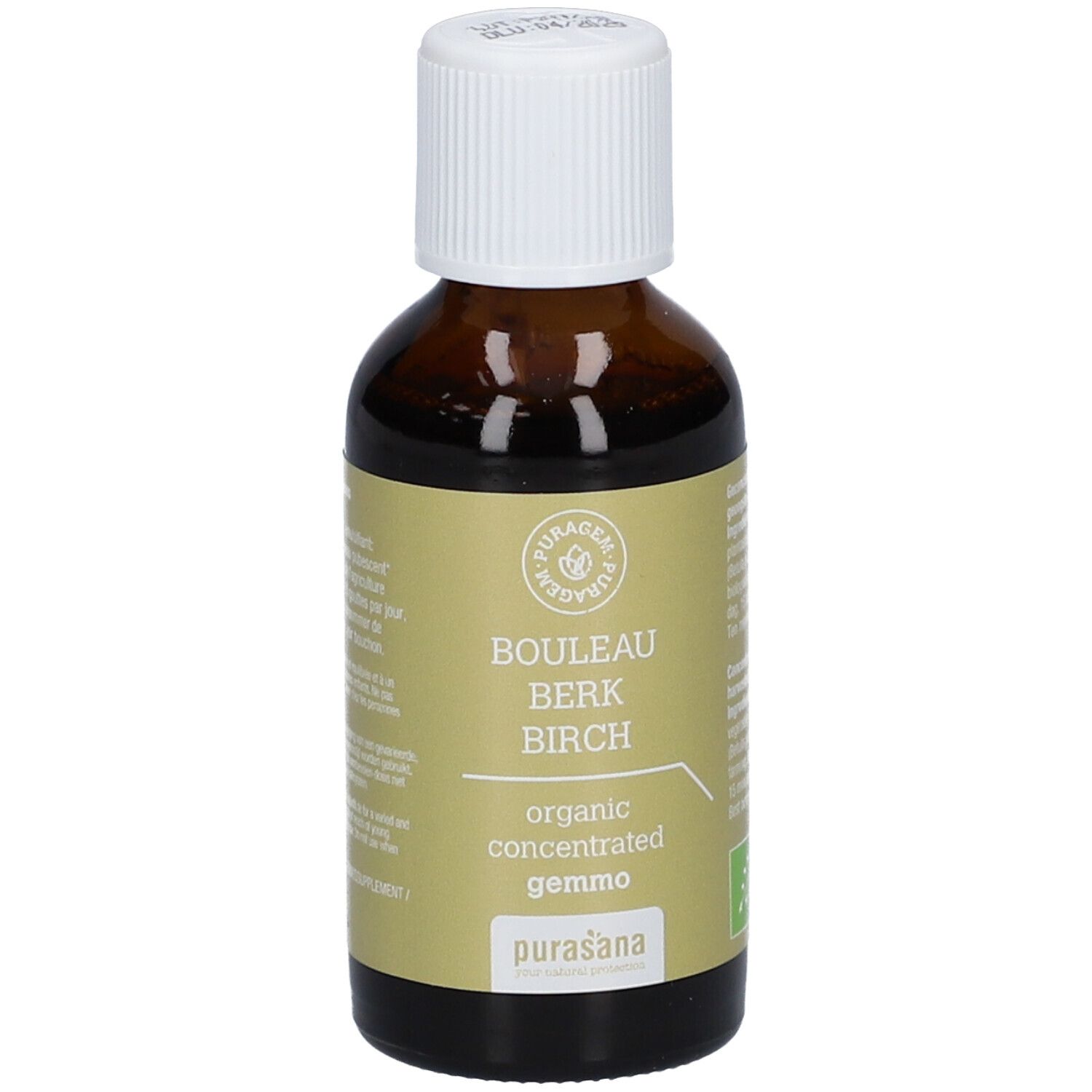 Bruine glazen fles met witte dop. Etiket met productinfo en logo. Purasana Puragem Berk.