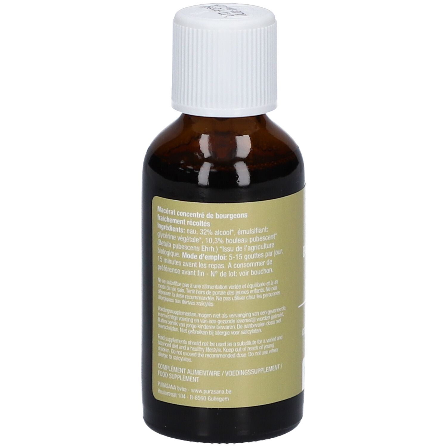 Achterkant bruine glazen fles. Etiket met ingrediënten en instructies. Purasana Puragem Berk.