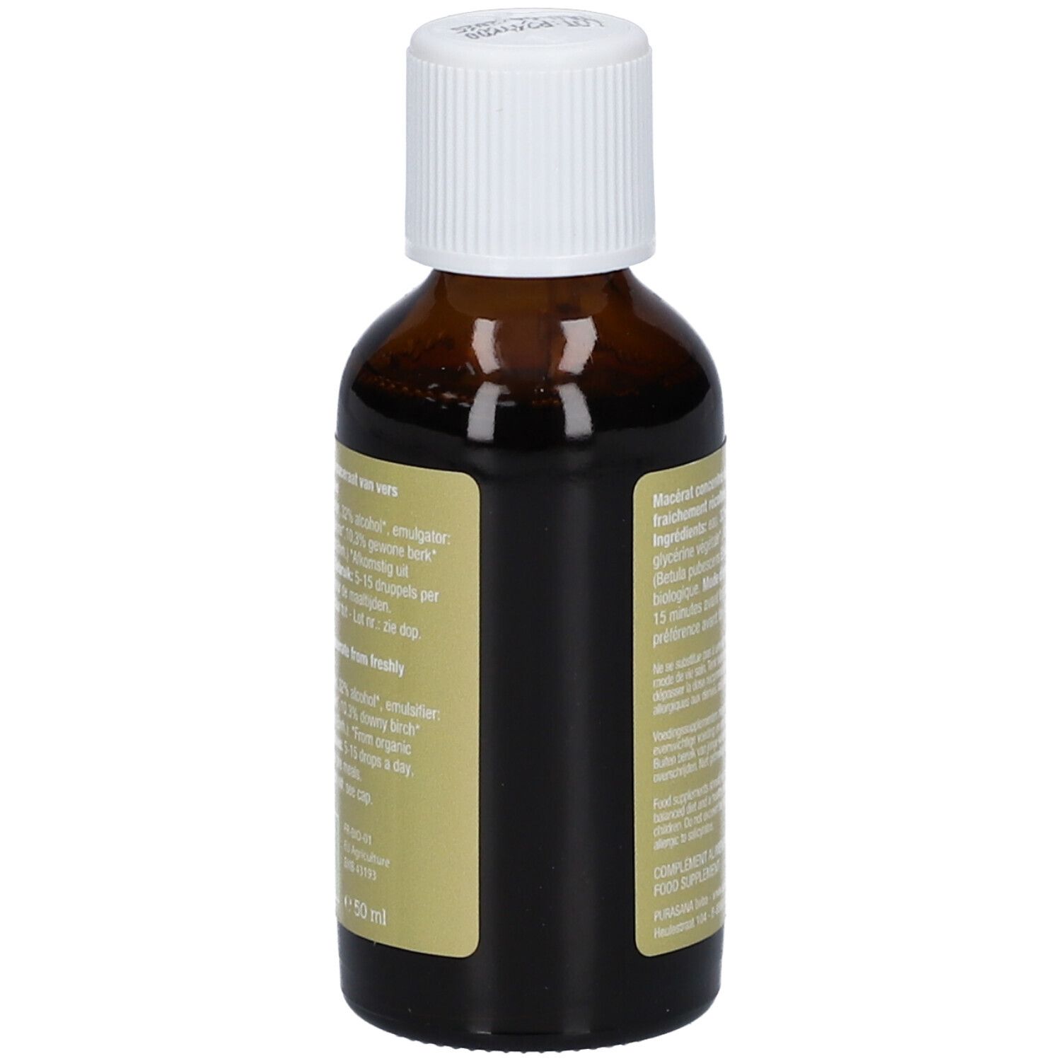 Zijaanzicht bruine glazen fles. Etiket met productinfo. Purasana Puragem Berk. 50 ml.