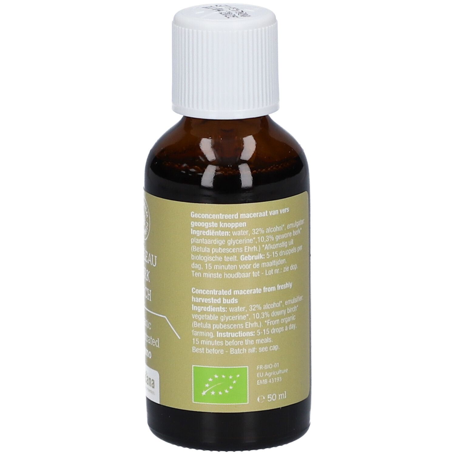 Achterkant bruine glazen fles. Etiket met ingrediënten en instructies. Purasana Puragem Berk.