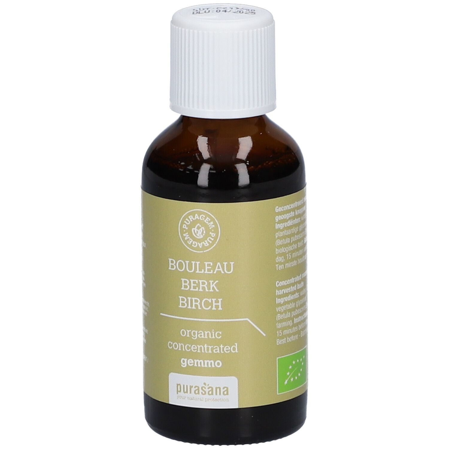 Bruine glazen fles met witte dop. Etiket met productinfo en logo. Purasana Puragem Berk.