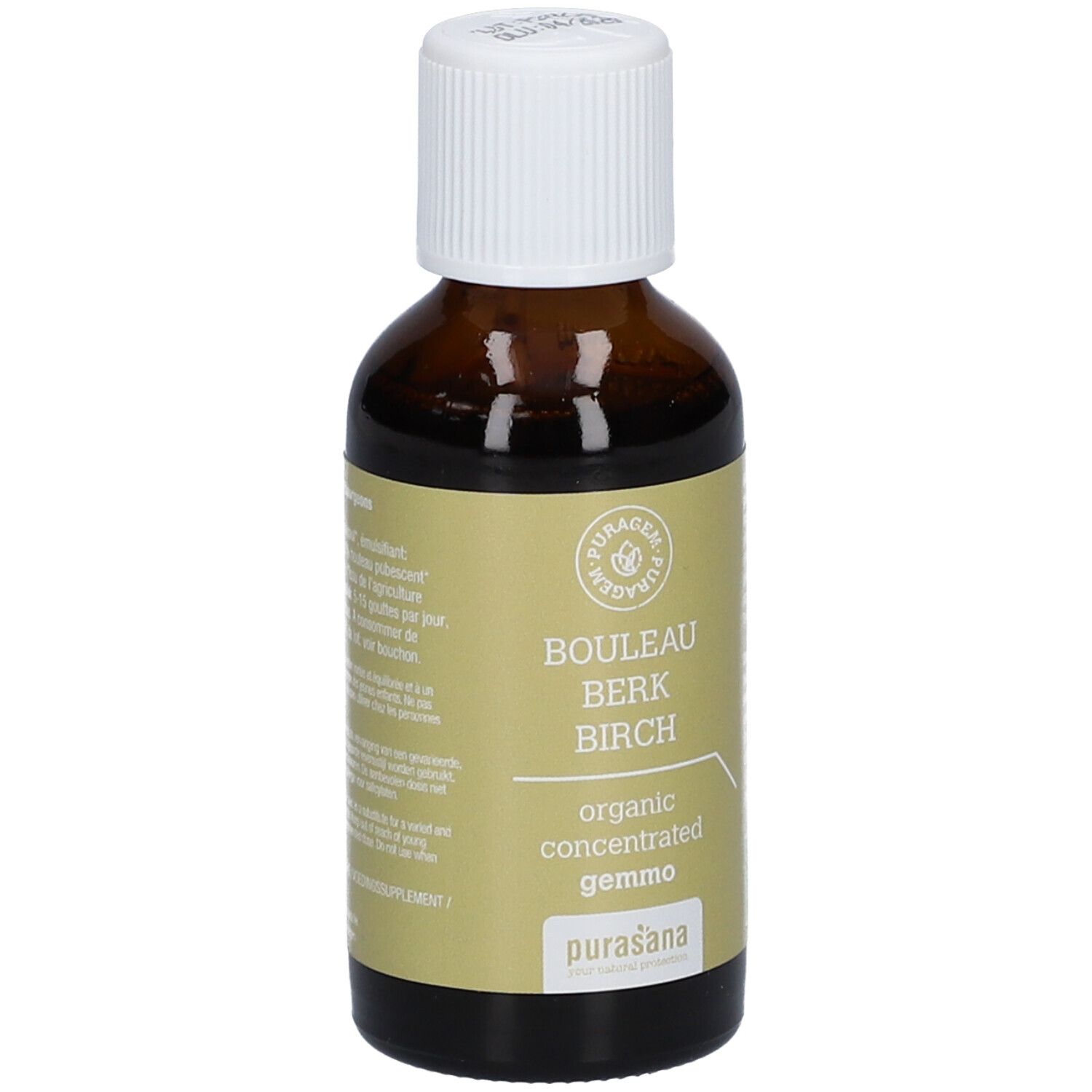Bruine glazen fles met witte dop. Etiket met productinfo en logo. Purasana Puragem Berk.