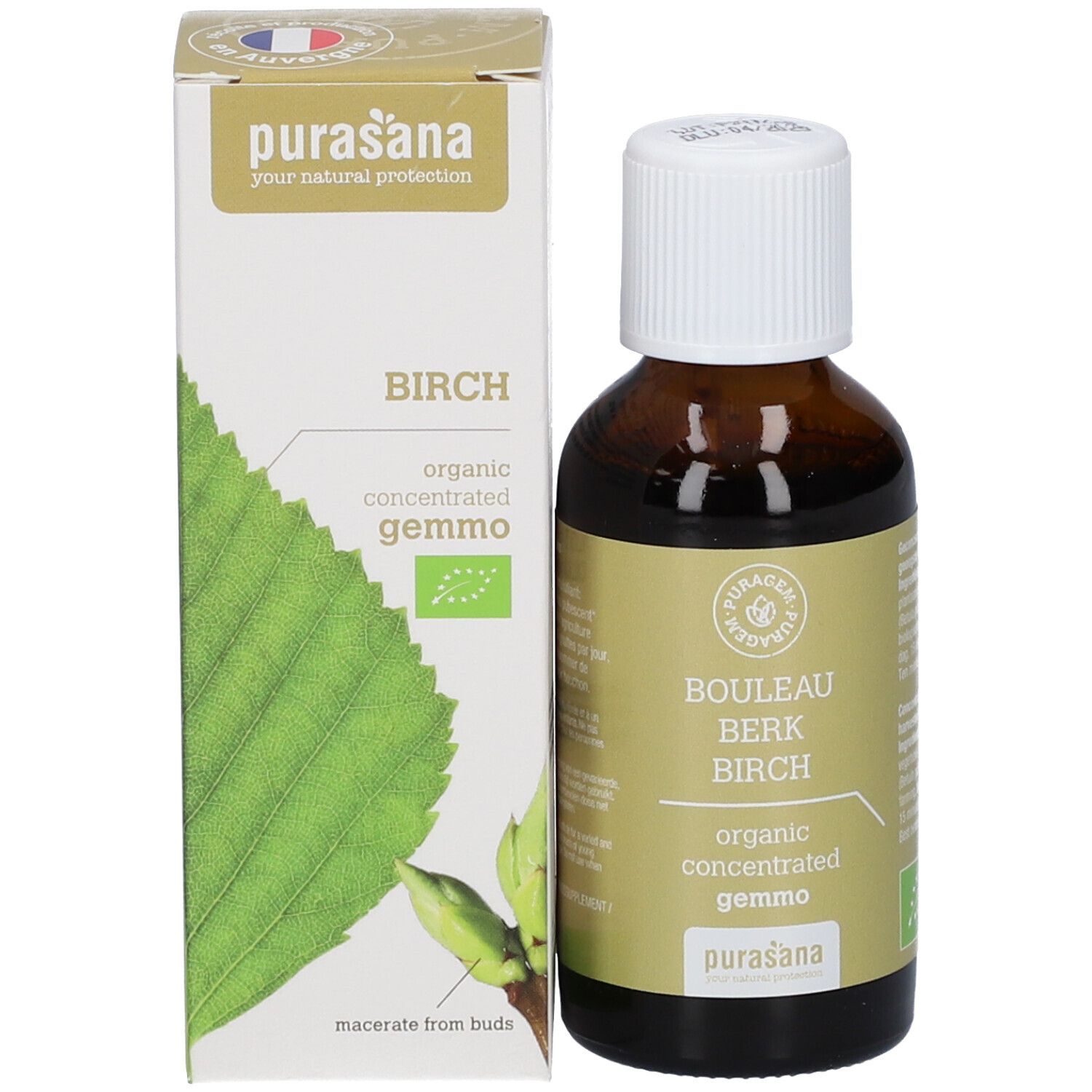 Productverpakking en fles. Doos met productnaam en logo. Purasana Puragem Berk. Fles ernaast.