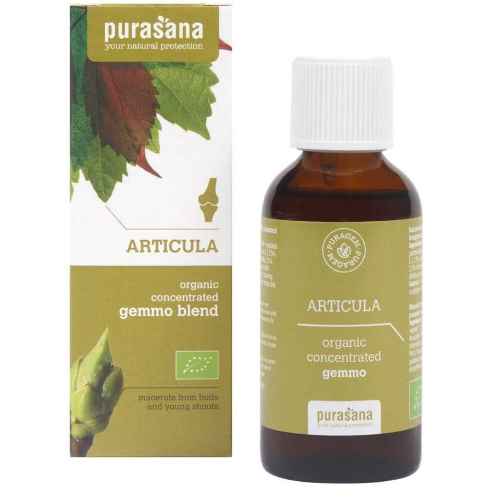 Bruine glazen fles en karton. Opschrift: Articula, organic concentrated gemmo blend. Merk: purasana. Met kniesymbool en knoppen.