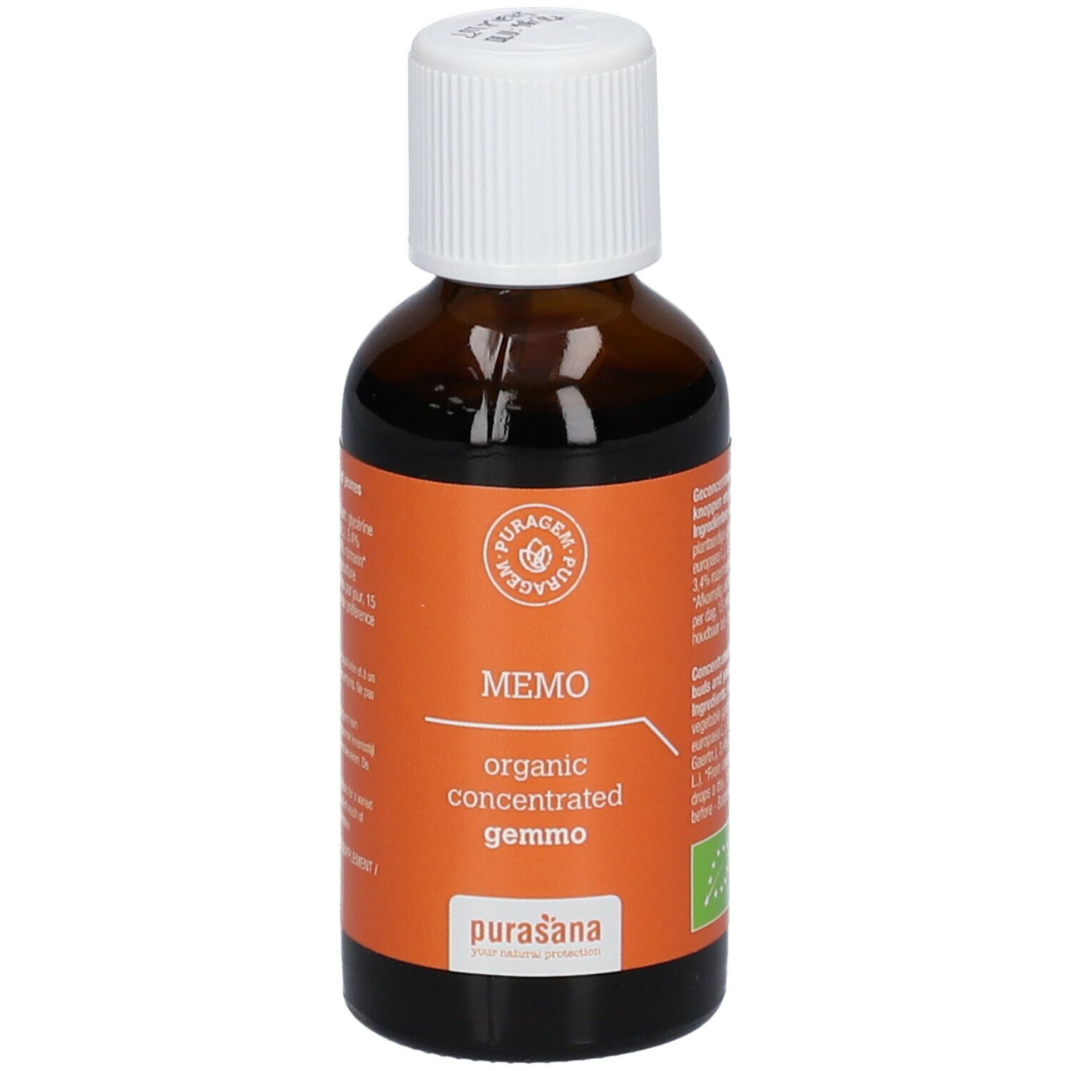 Bruine glazen fles met witte dop. Oranje etiket met productnaam en logo. Biologische certificering.