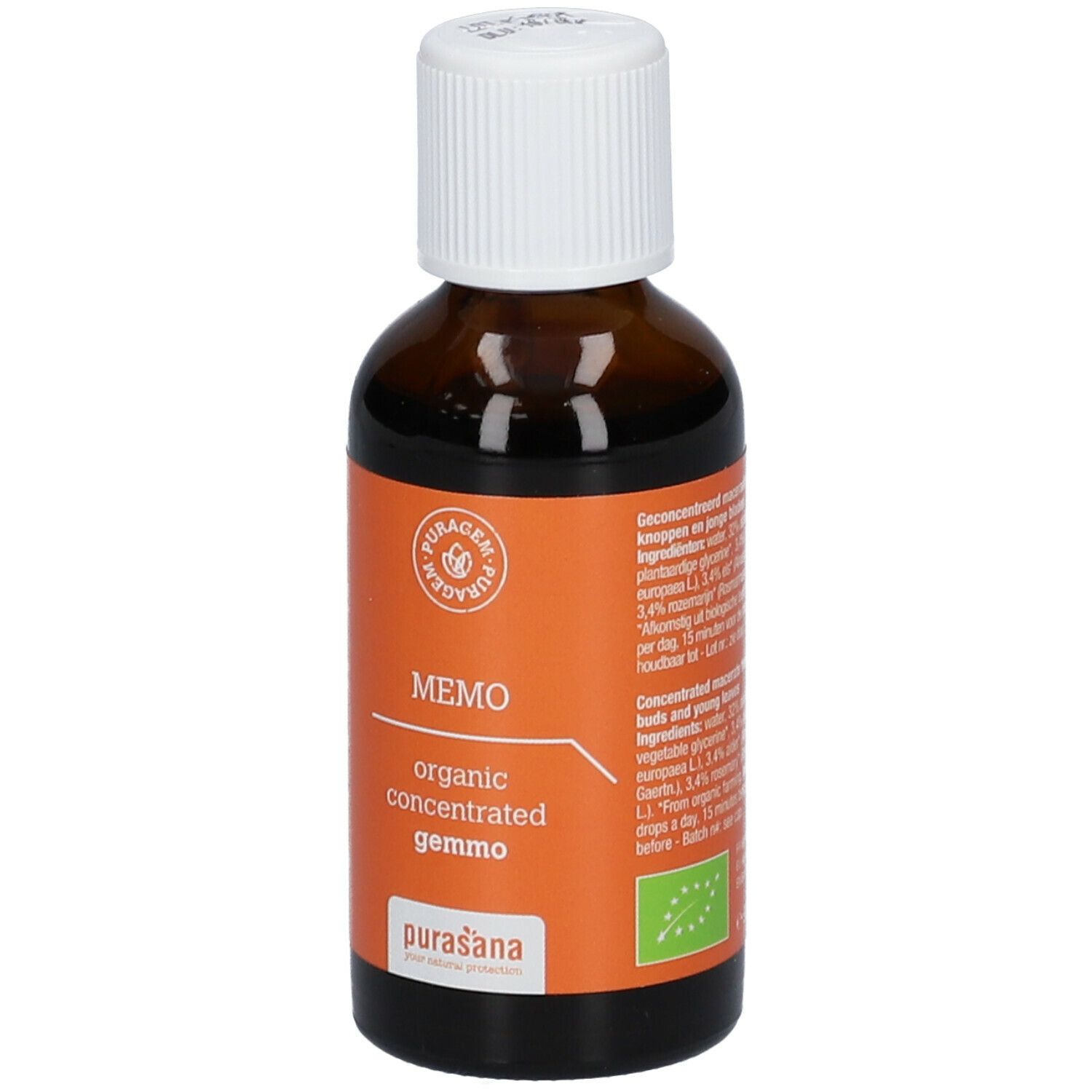 Bruine glazen fles met witte dop. Oranje etiket met productnaam en logo. Biologische certificering.