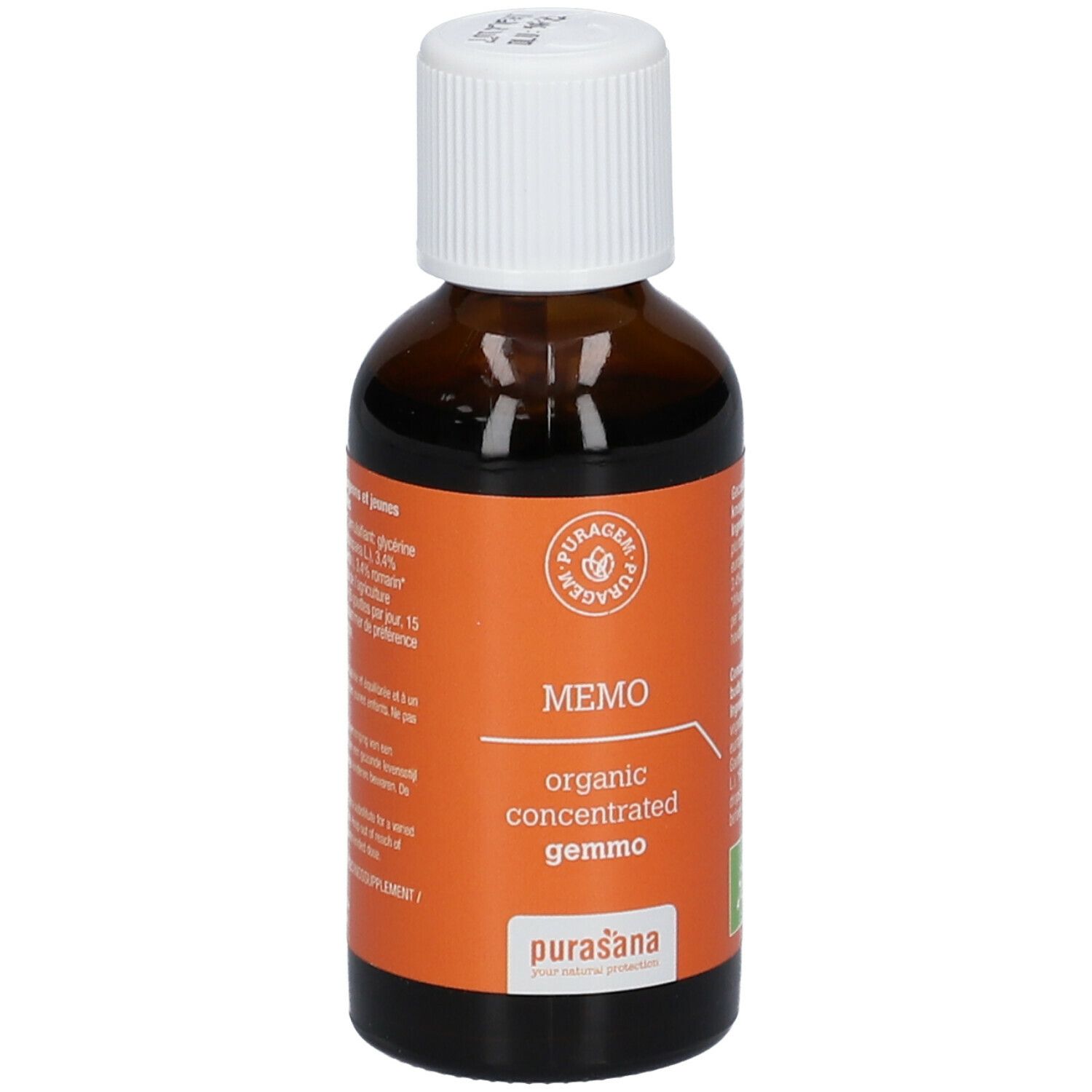 Bruine glazen fles met witte dop. Oranje etiket met productnaam en logo. Biologische certificering.