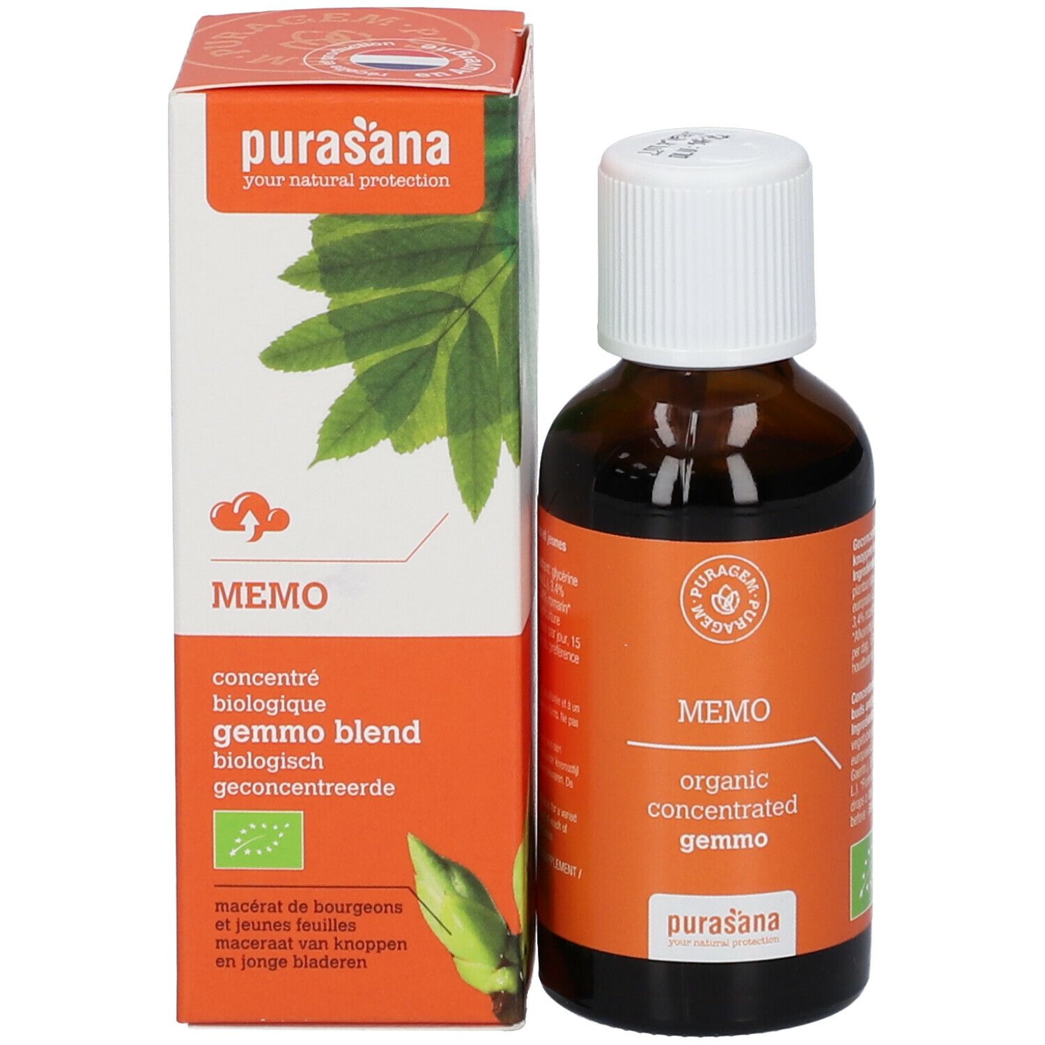 Bruine glazen fles met witte dop naast een oranje doos. Productnaam en logo zichtbaar.