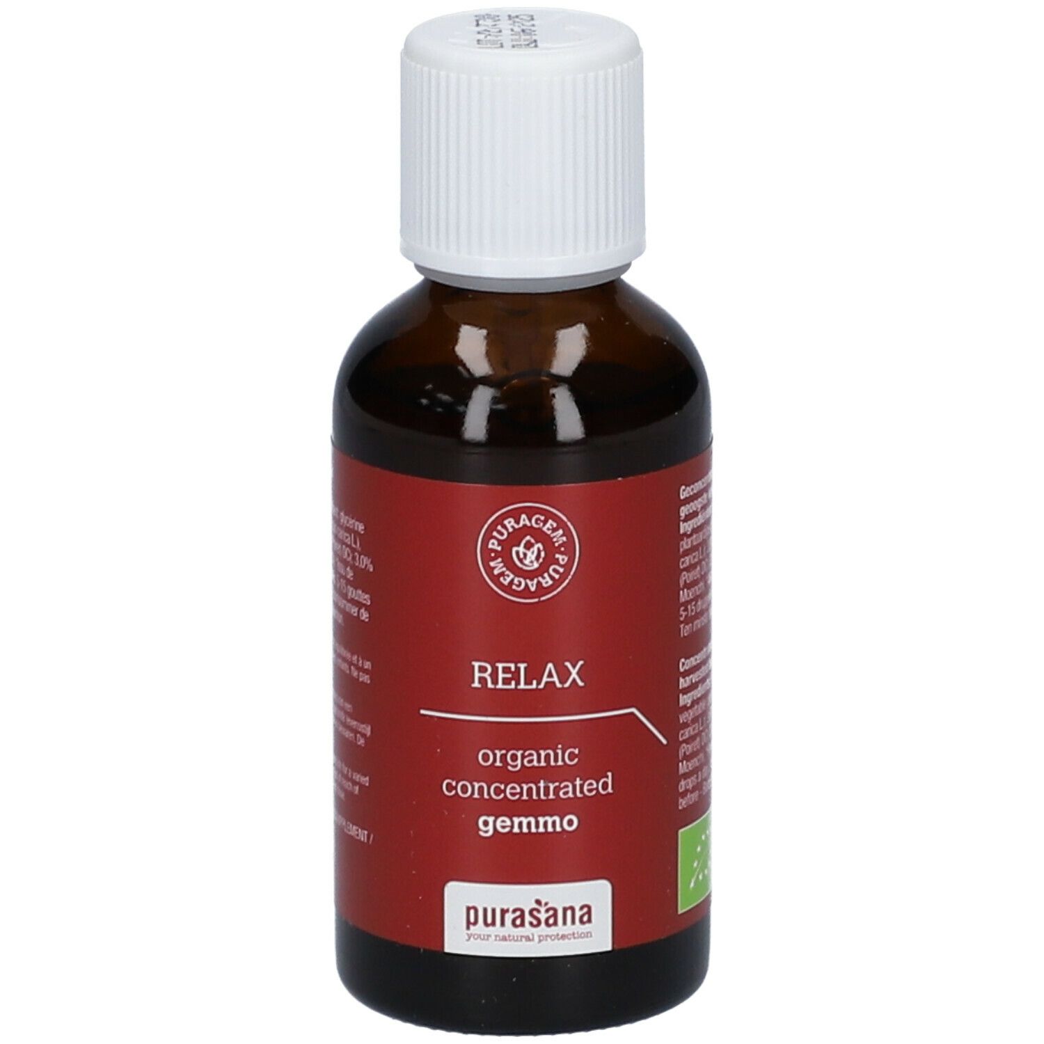 Bruine glazen fles met witte dop. Rood etiket met tekst: RELAX, organic concentrated gemmo. Purasana logo.