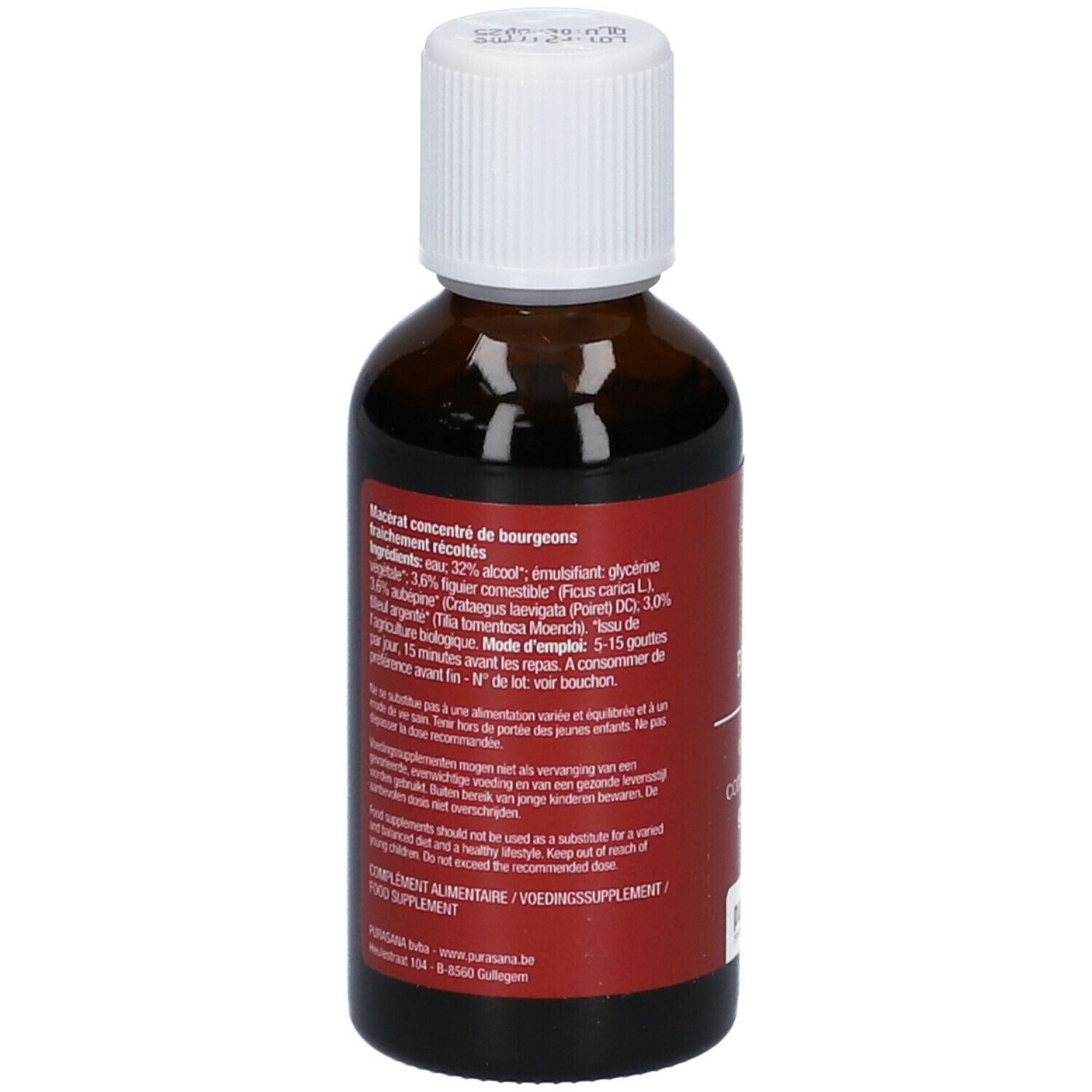 Achterkant van een bruine glazen fles met witte dop. Rood etiket met tekst en ingrediënten. Purasana logo.