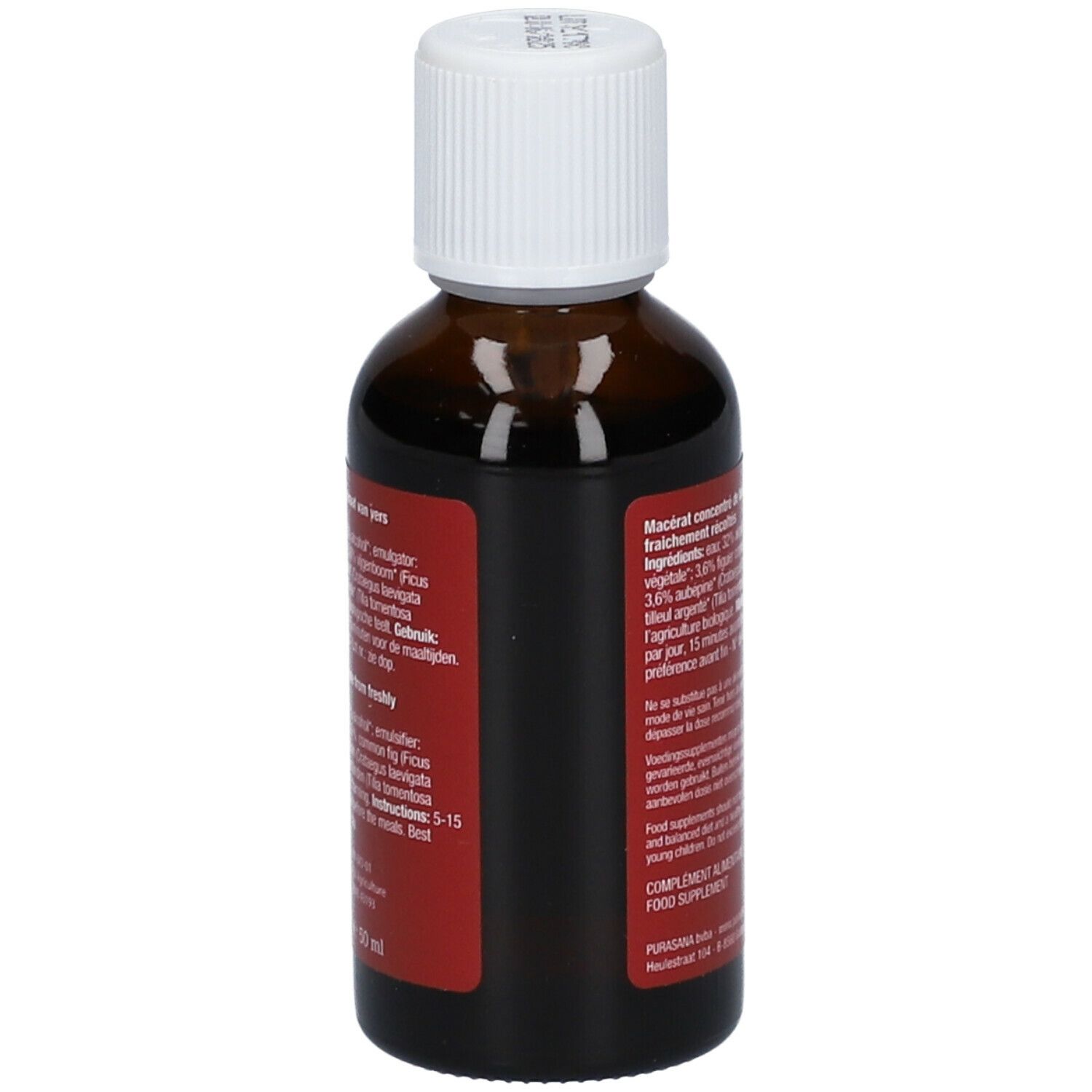 Zijkant van een bruine glazen fles met witte dop. Rood etiket met tekst en ingrediënten. Purasana logo.