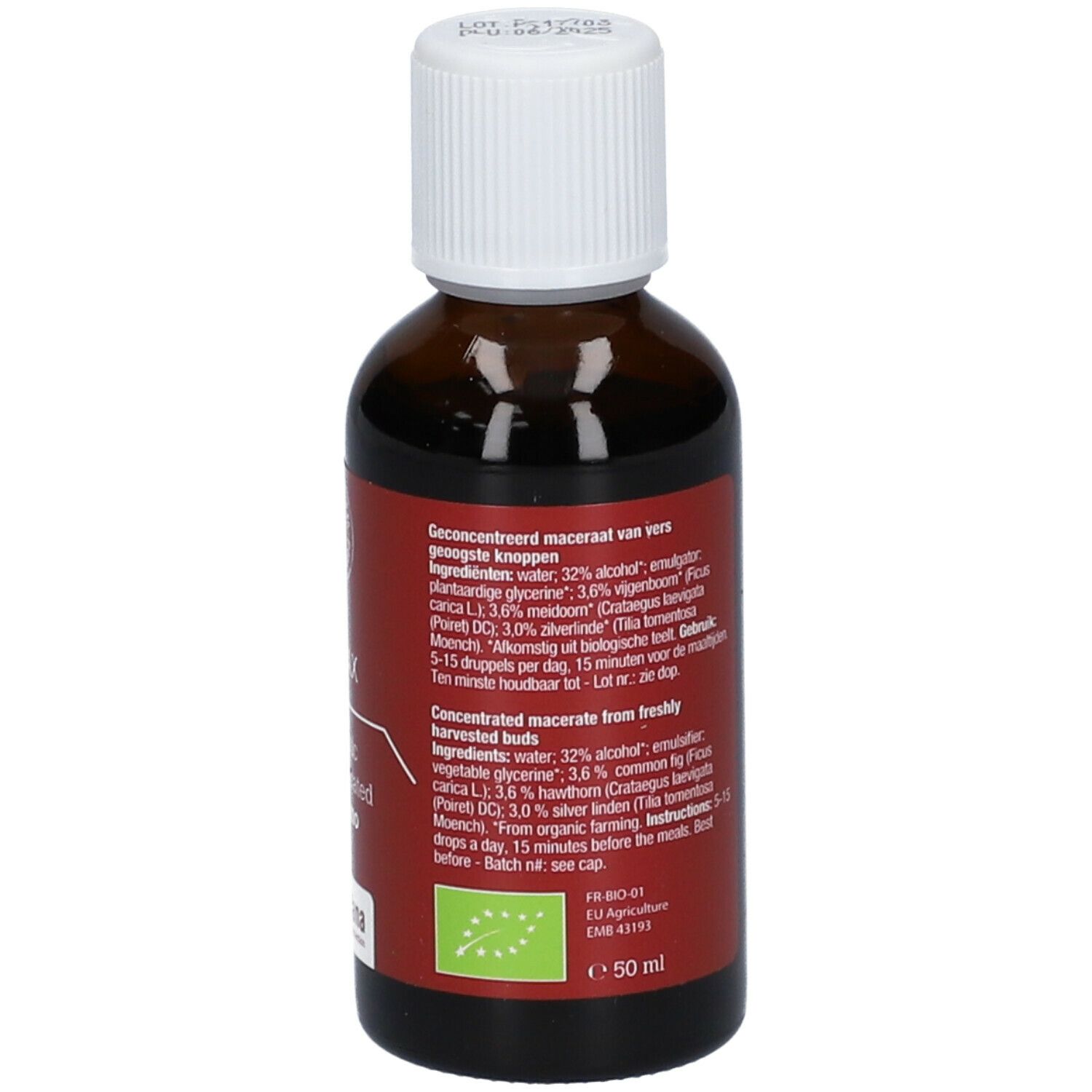 Bruine glazen fles met witte dop. Rood etiket met tekst en ingrediënten. Bio-keurmerk. 50 ml.