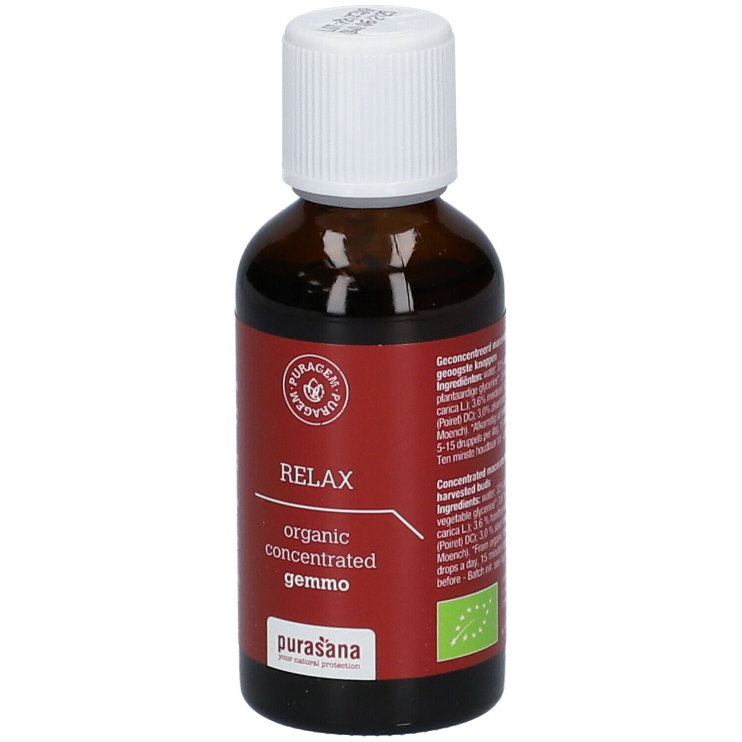 Bruine glazen fles met witte dop. Rood etiket met tekst: RELAX, organic concentrated gemmo. Purasana logo.