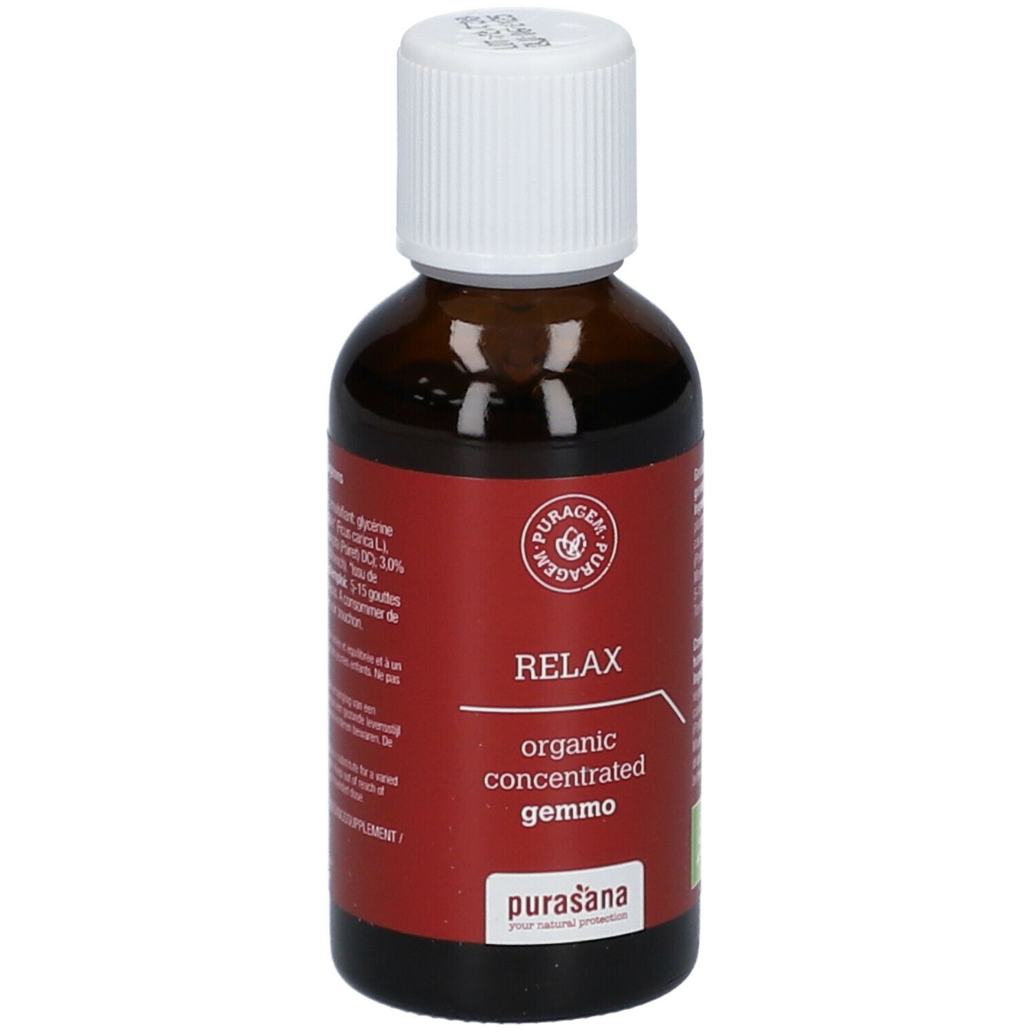 Bruine glazen fles met witte dop. Rood etiket met tekst: RELAX, organic concentrated gemmo. Purasana logo.