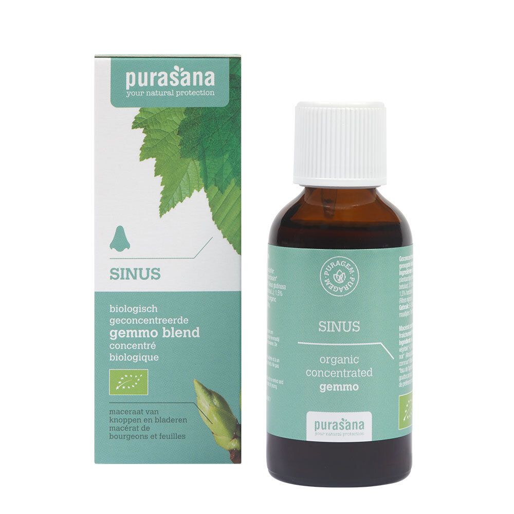 Bruine glazen fles en doos. Opschrift: SINUS, biologisch geconcentreerde gemmo blend. Bio-label.