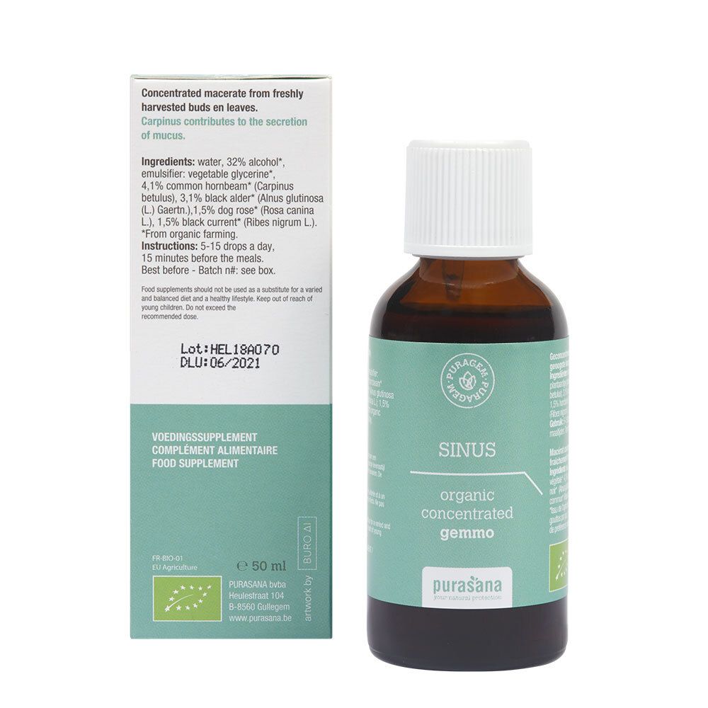 Bruine glazen fles en doos. Opschrift: SINUS, organic concentrated gemmo. Ingrediëntenlijst, lotnummer, THT.