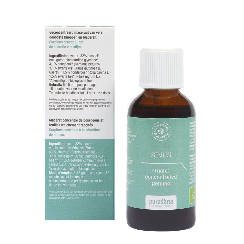 Bruine glazen fles en doos. Opschrift: SINUS, organic concentrated gemmo. Ingrediëntenlijst, lotnummer, THT.