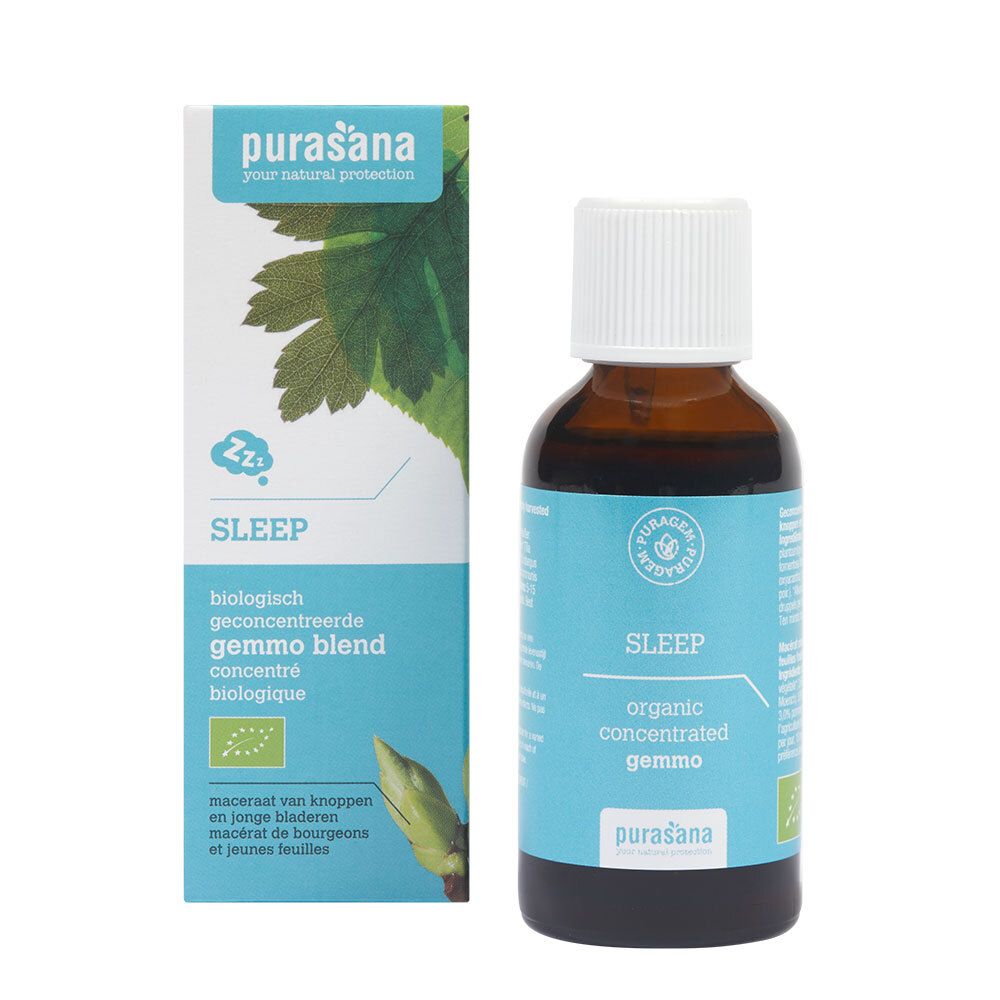 Bruine glazen fles met witte dop en etiket. Doos met productinfo en bladeren.