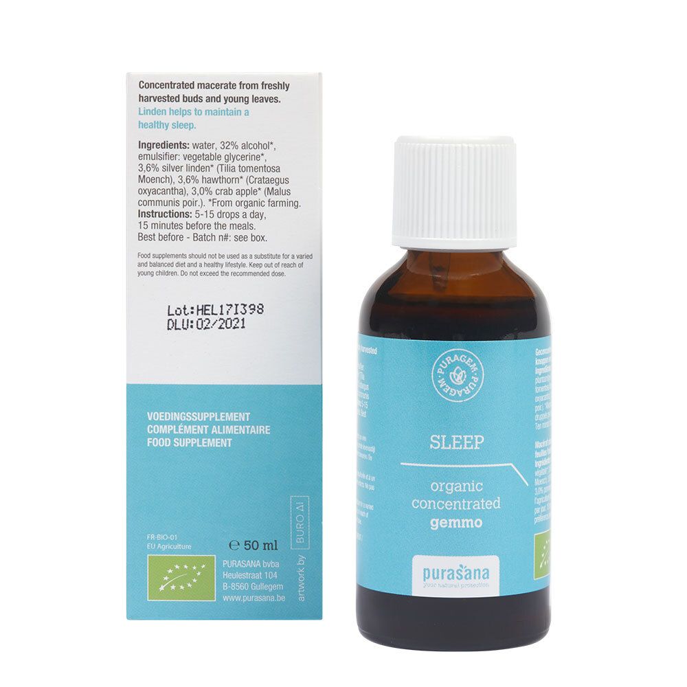 Bruine glazen fles met witte dop en etiket. Productinfo op de verpakking.