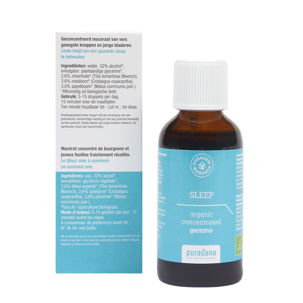 Bruine glazen fles met witte dop en etiket. Productinfo op de verpakking.