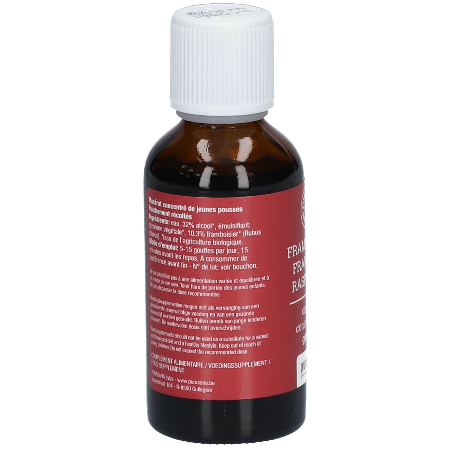 Braune Glasflasche mit weißem Deckel. Rotes Etikett mit Produktinformationen und Text. Bio-Zertifizierung.