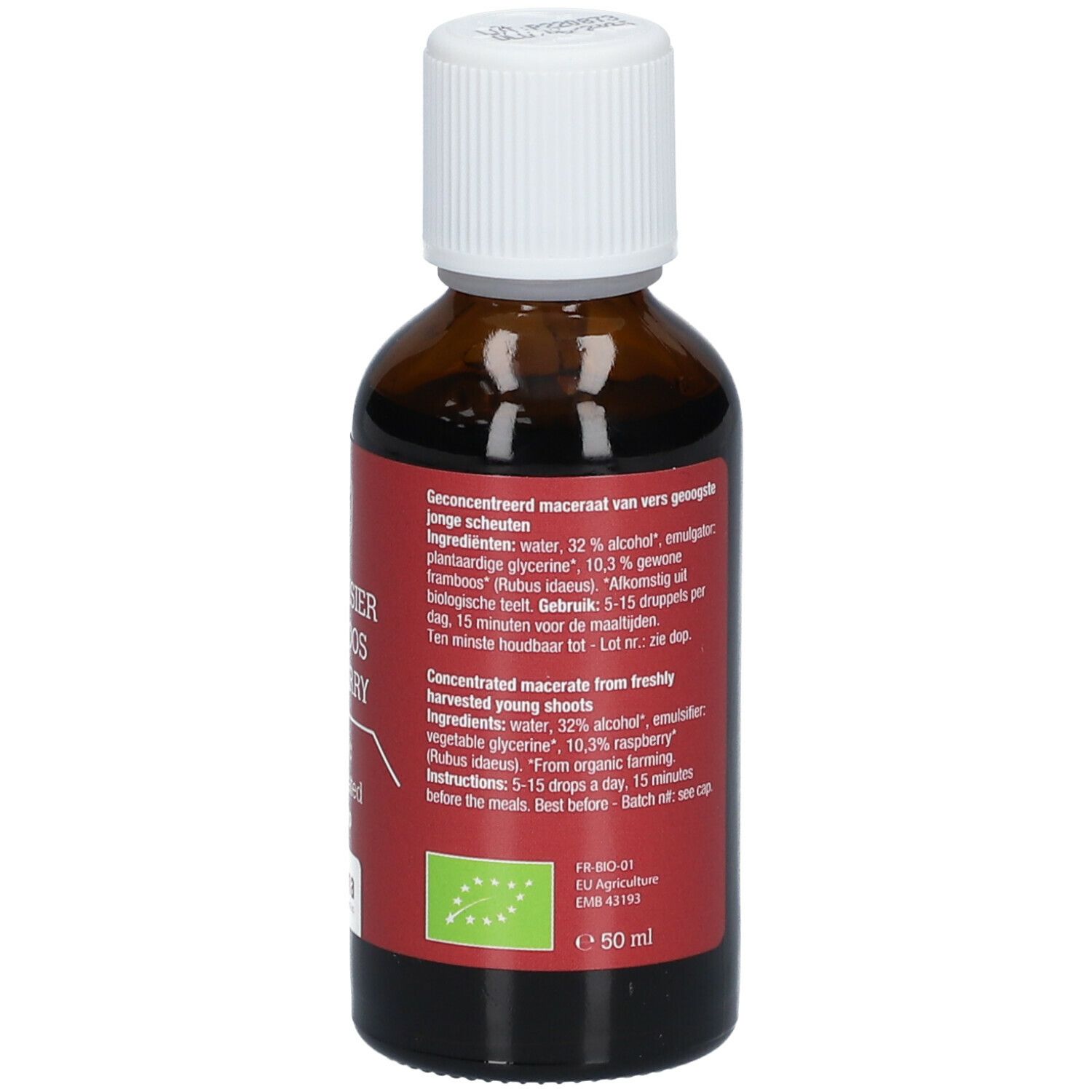 Braune Glasflasche mit weißem Deckel. Rotes Etikett mit Produktinformationen und Text. Bio-Zertifizierung.